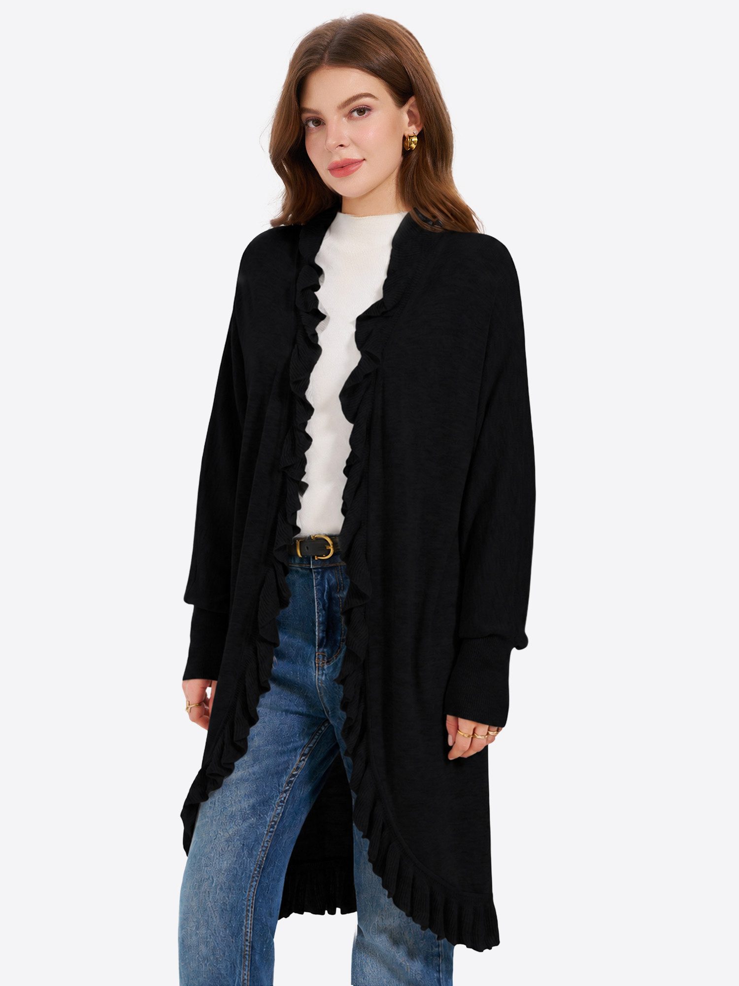 Imily Bela Cardigan Damen Langer offener Strick‑Cardigan mit Rüschen‑Dekor am Saum (Packung, 1-tlg., 1per-Pack) in Unifarbe