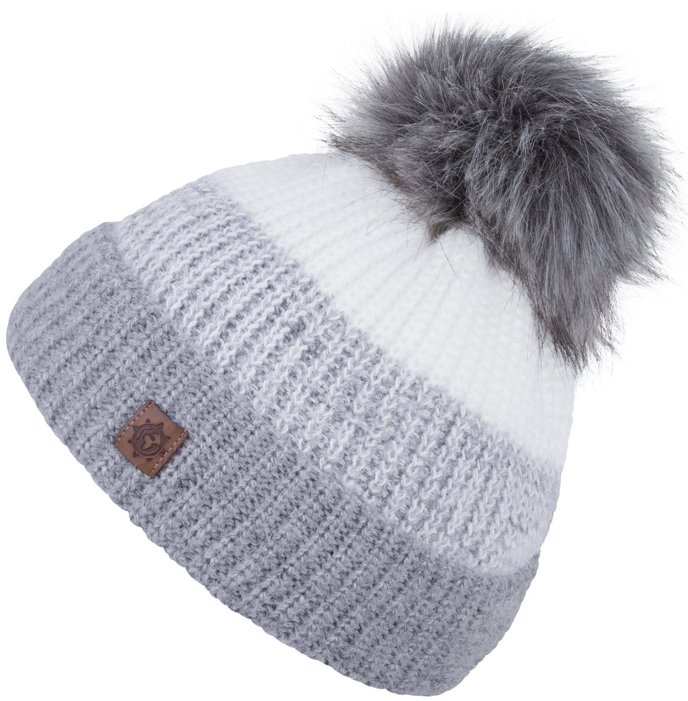 Mütze hellgrau Beanie Winter Wintermütze Damen (1-St) Bommelmütze Fleecefutter compagno Strickmütze