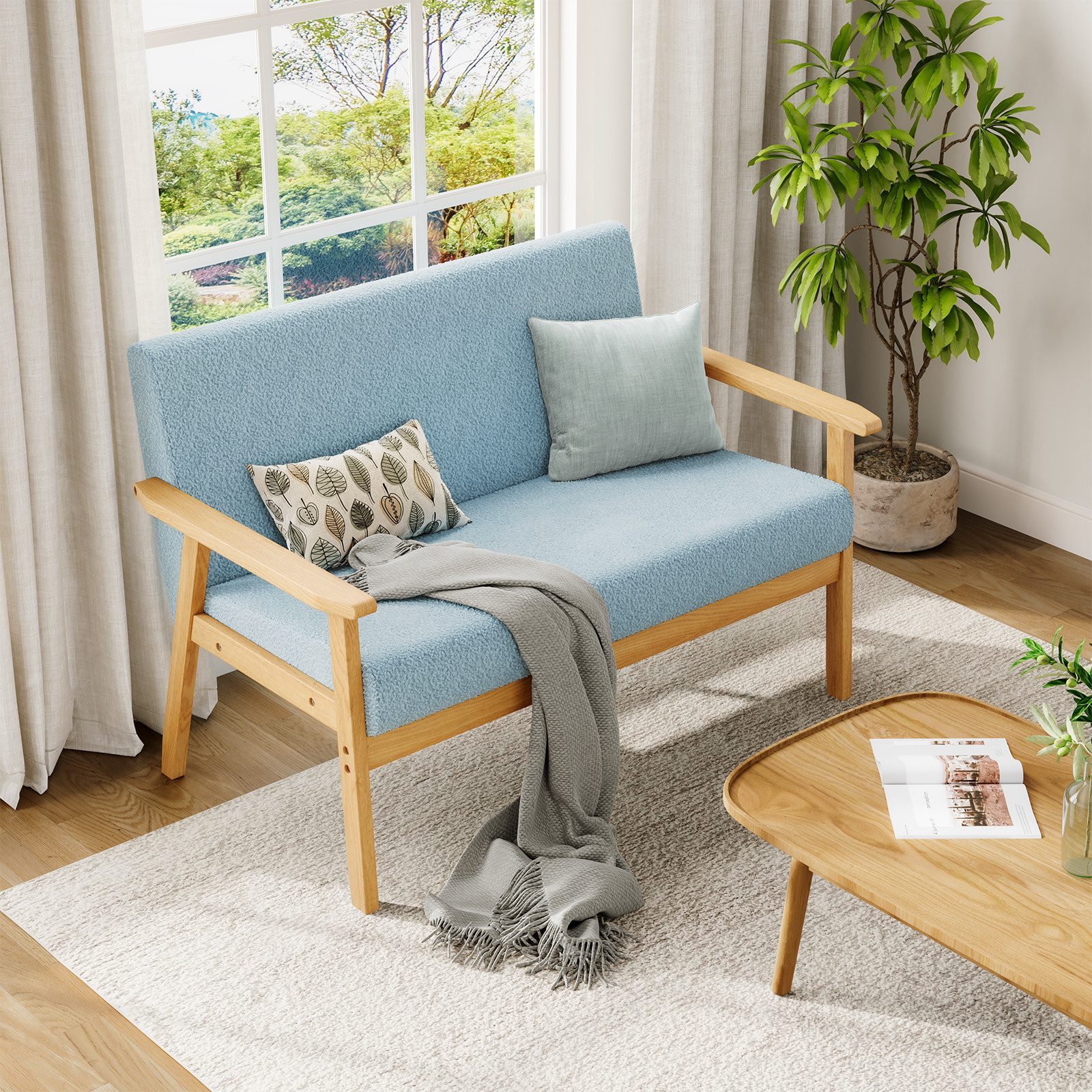 Dripex 2-Sitzer Stoffsofa Couch mit Holz Armlehnen Loungesofa, Teddysamt – Bild 3 von 5
