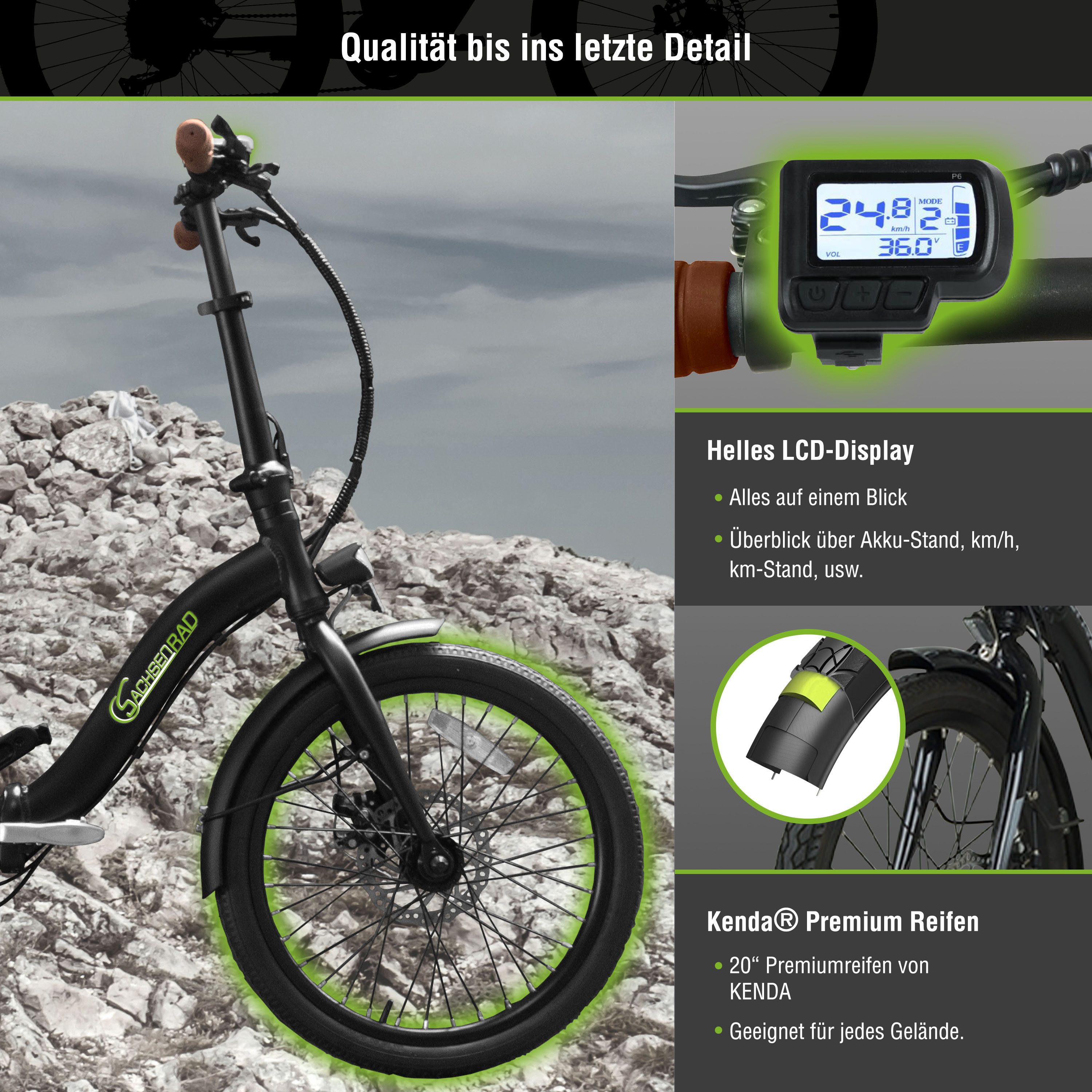 SachsenRad E-Bike Faltrad F2, 7 Gang Shimano Shimano SIS 7-Gang-Schaltung Schaltwerk, Kettenschaltung, 470 Wh, LCD-Steuerdisplay, Fahrmodus Pedelec,  LED-Frontlicht, LED-Rücklicht