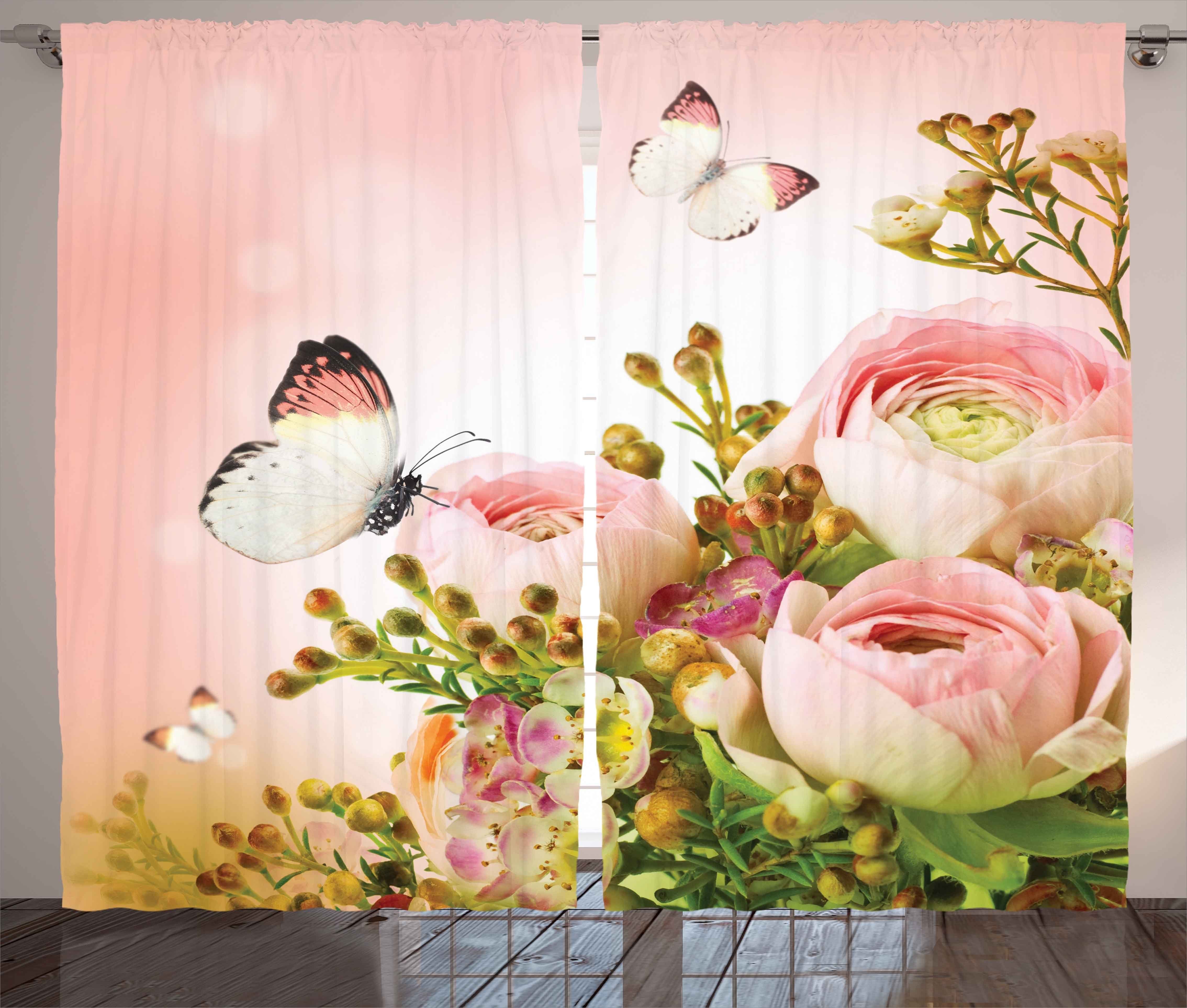 Feminine und Schlaufen Schmetterling Gardine mit Schlafzimmer Blühende Kräuselband Vorhang Haken, Roses Abakuhaus,