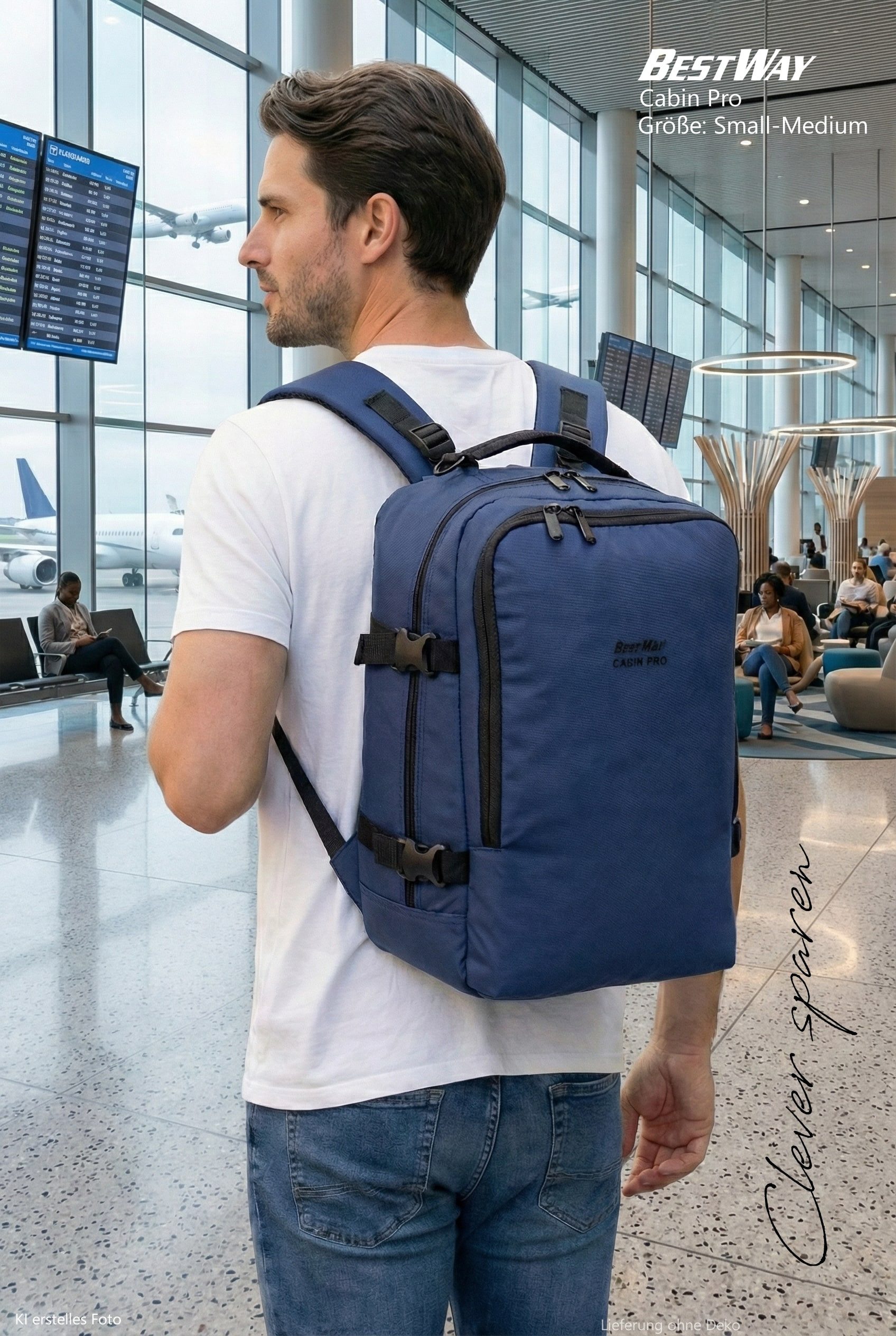 BestWay Bags Reiserucksack Handgepäck Rucksack für Ryanair aus Plane, Cabin Pro Flugzeug Kabinenrucksack Laptoprucksack 40350 + Koffergurt