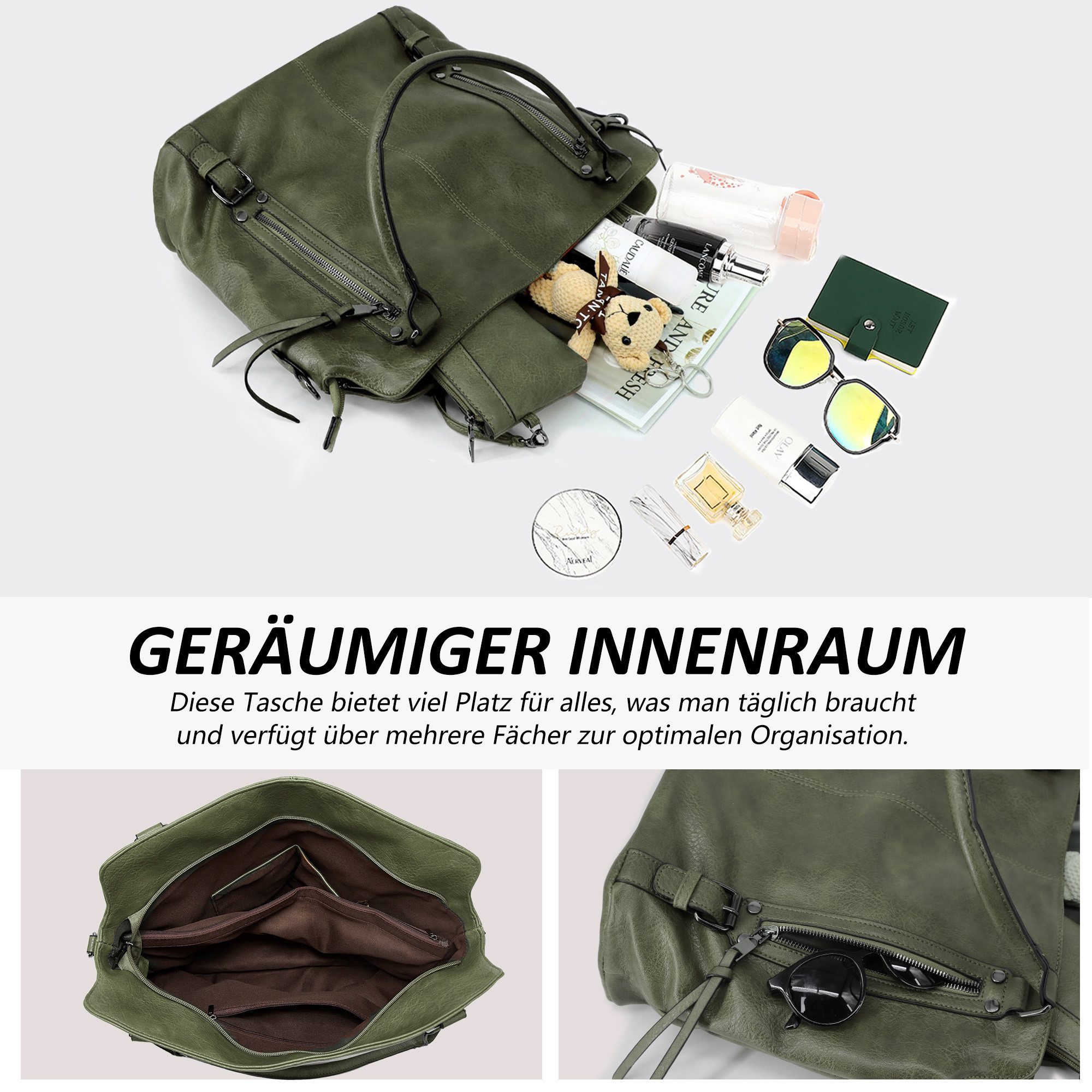 TAN.TOMI Handtasche 3-Tlg Shopper Schultertasche Geldbörse Damen Groß Umhängetasche, Für Freizeit Business Schule Büro usw in schlichter Optik – Bild 4 von 5