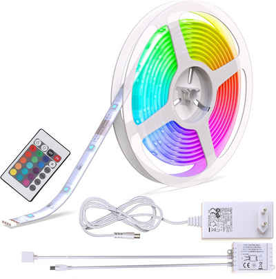 B.K.Licht LED Stripe, 150-flammig, RGB-LED Flexband, weiß, 5m, Kunststoff, weiß, inkl. 150 x RGB-LED 0,16W, Gesamtwattage 24W, inkl. IR Fernbedienung, inkl. Farbwechsel, für den Innenbereich, selbstklebend, inkl. Zuleitung, inkl. Driver P20, Stripe IP44, 5.000x10x3mm (LxBxH)