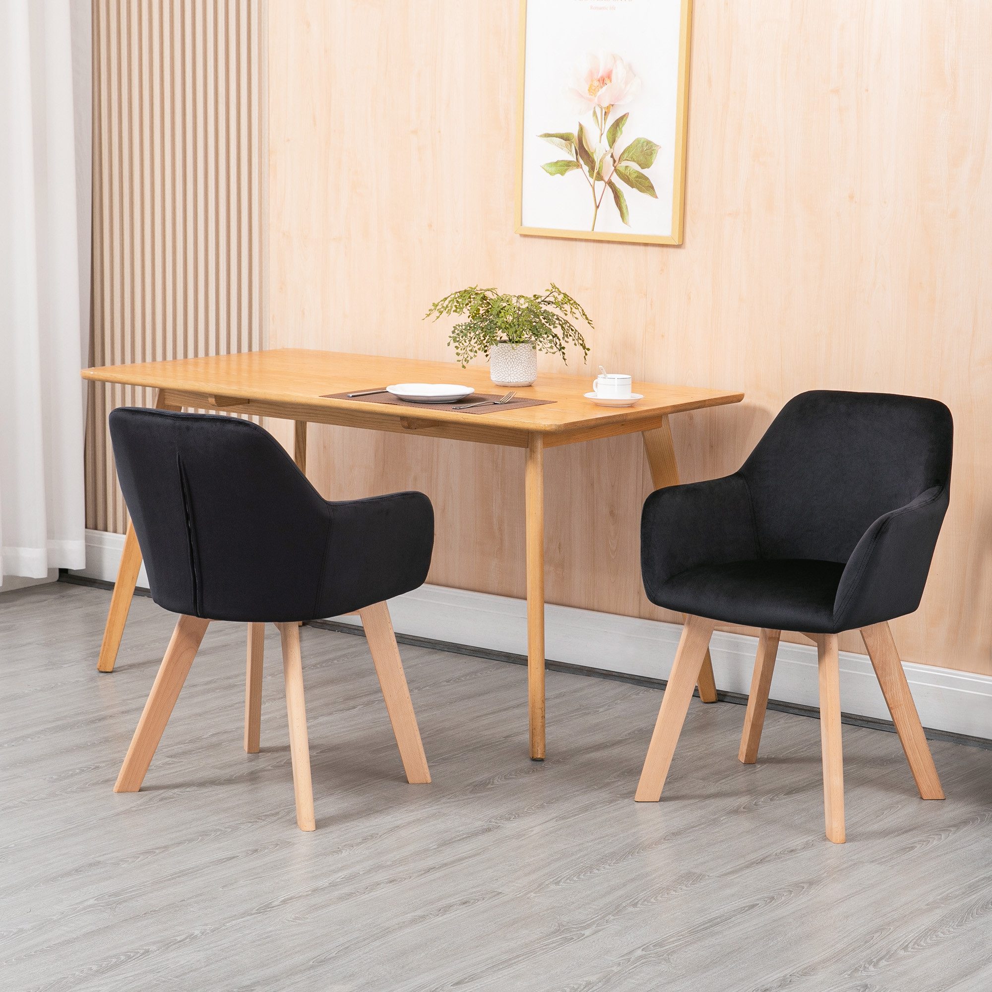HOMCOM Esszimmerstuhl Sessel Polsterstuhl mit Armlehne, Samtoptik, Stühle mit Holzbeinen (Küchenstuhl, 2 St), für Wohnzimmer, Esszimmer, Schwarz