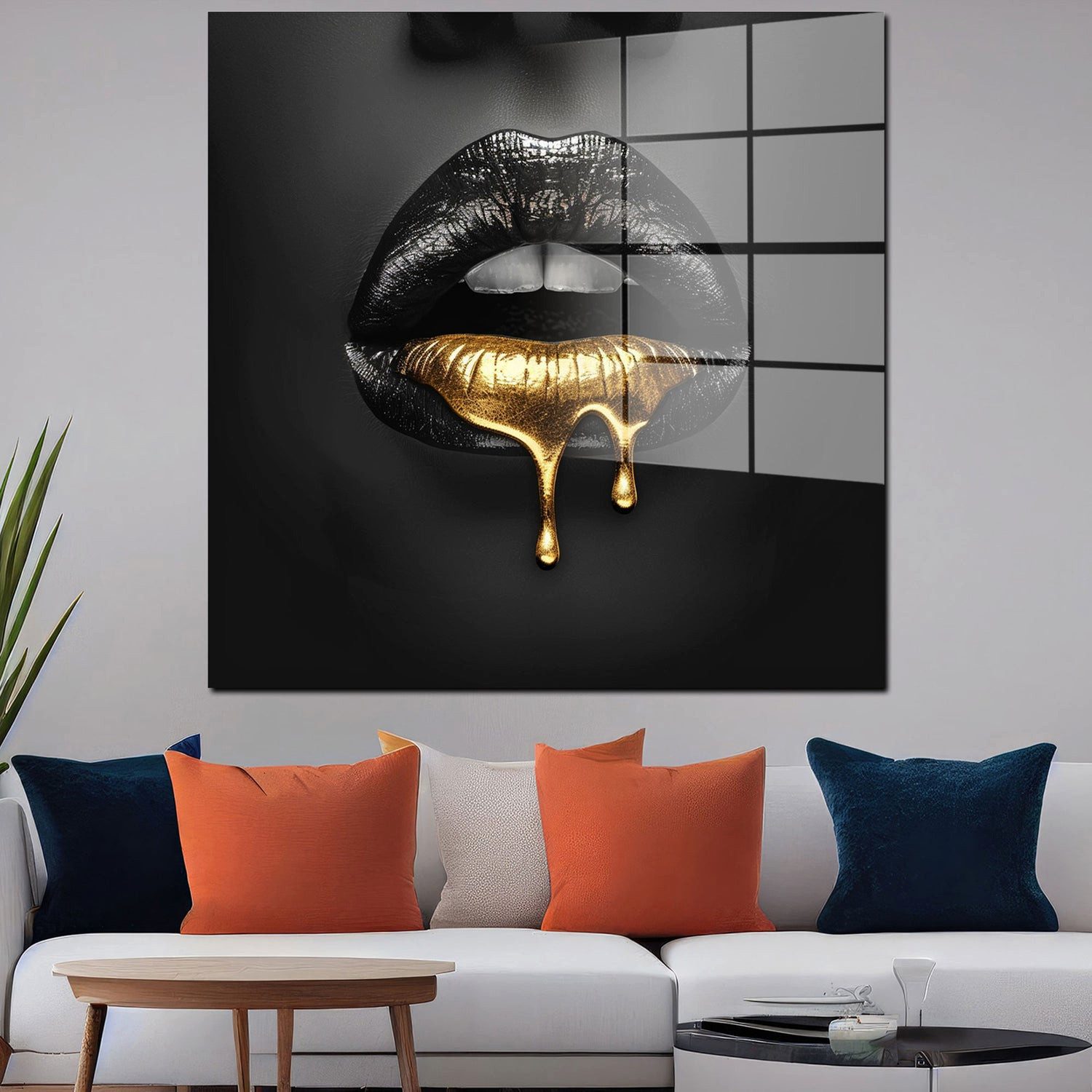 Artedinoi Acrylglasbild Schwarze Lippen mit Goldtropfen Acrylglas Wandbild Bild Wanddeko XL