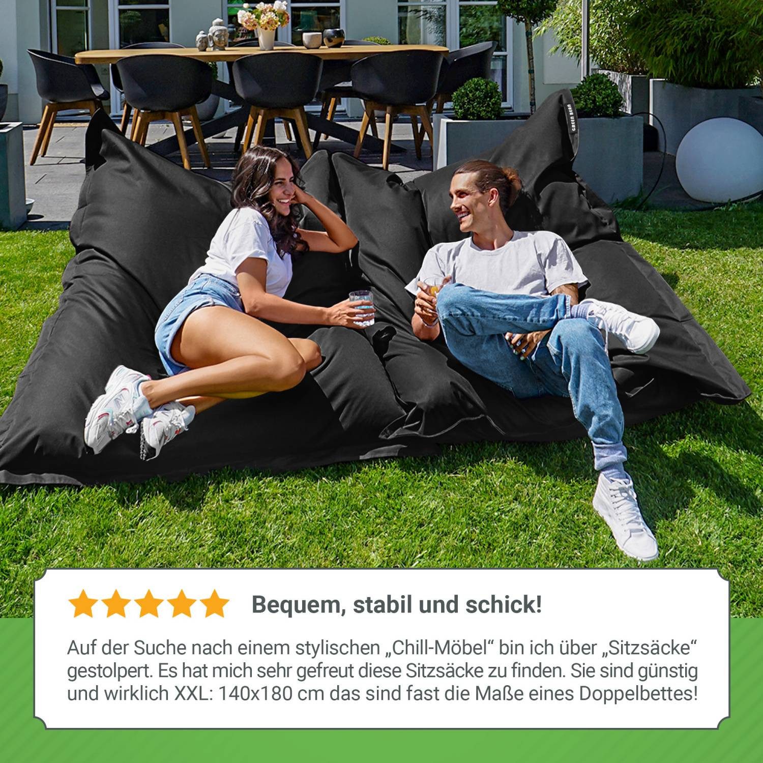 Green Bean Sitzsack XXL Outdoor Sitzsack Square 140x180cm (XXL Riesensitzsack 140x180cm 380 Liter Kinder & Erwachsene Bean Bag EPS Perlen Füllung, Groß Draußen  – Bild 4 von 5