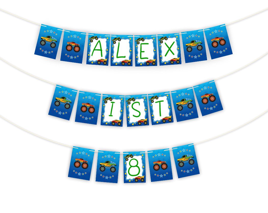 JUNAPACK Papierdekoration Party Set Deko Girlande Konfetti Tischset Kinder Geburtstag Auto Truck, Party Set mit Girlande, Konfetti und Tischsets Monster Truck Auto