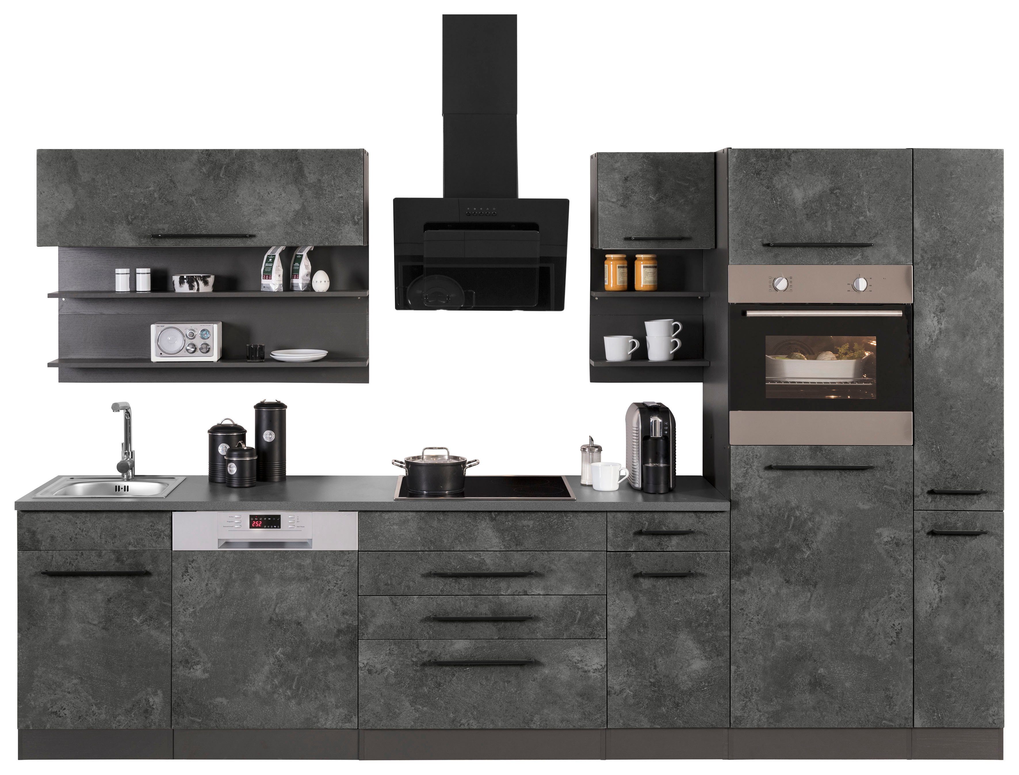 KOCHSTATION Küchenzeile KS-Tulsa, mit E-Geräten, Breite 320 cm, schwarze Metallgriffe, MDF Fronten