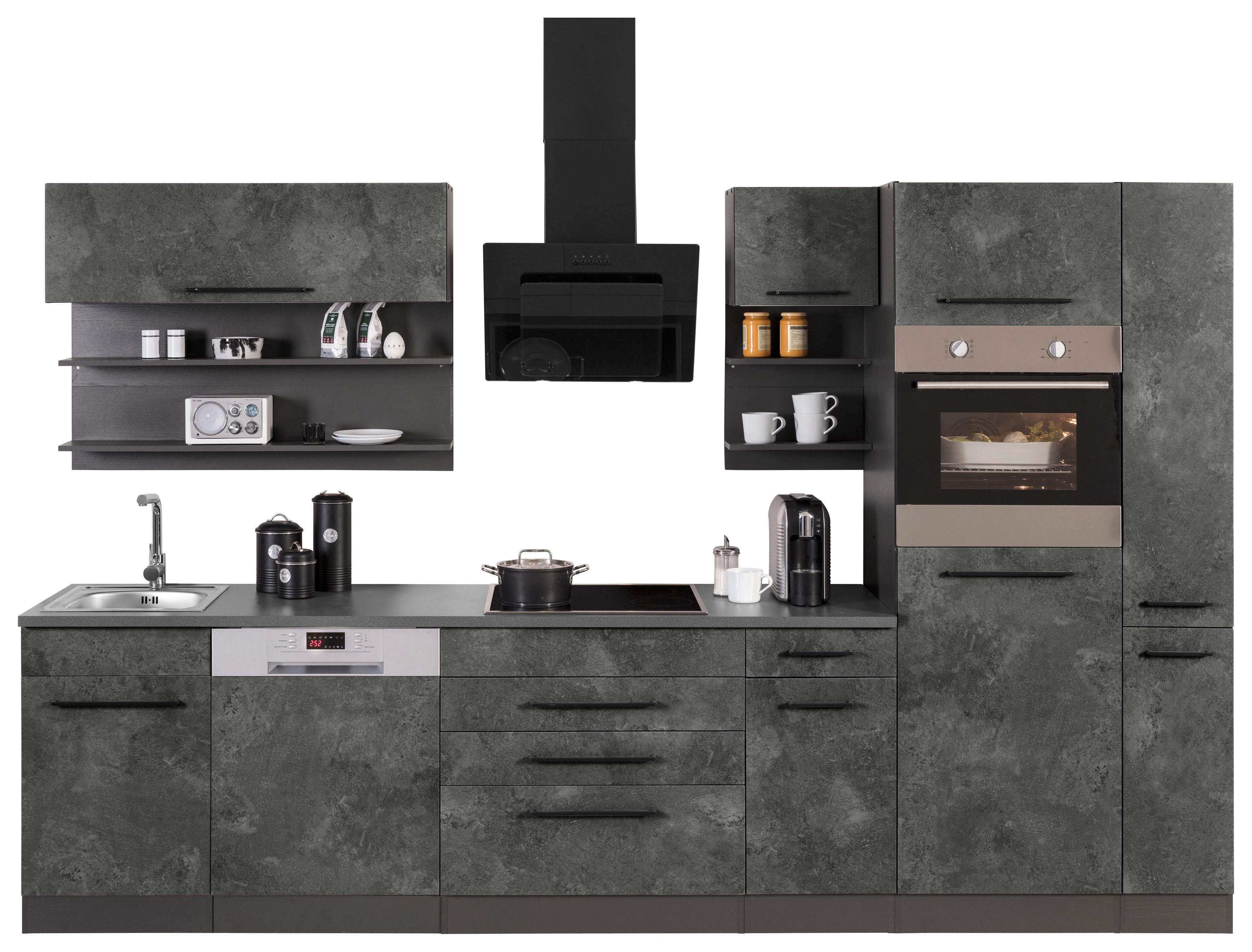 HELD MÖBEL Küchenzeile Tulsa, mit E-Geräten, Breite 320 cm, schwarze  Metallgriffe, MDF Fronten, Beliebig um weitere Schränke erweiterbar, z. B.  auch über Eck