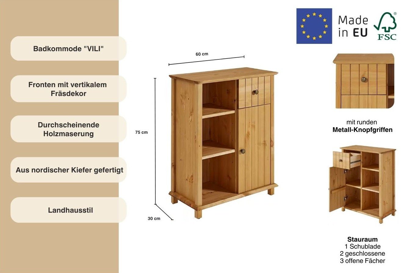 Home affaire Badkommode Vili, Badezimmerschrank, Unterschrank, Breite 60 cm, aus Massivholz