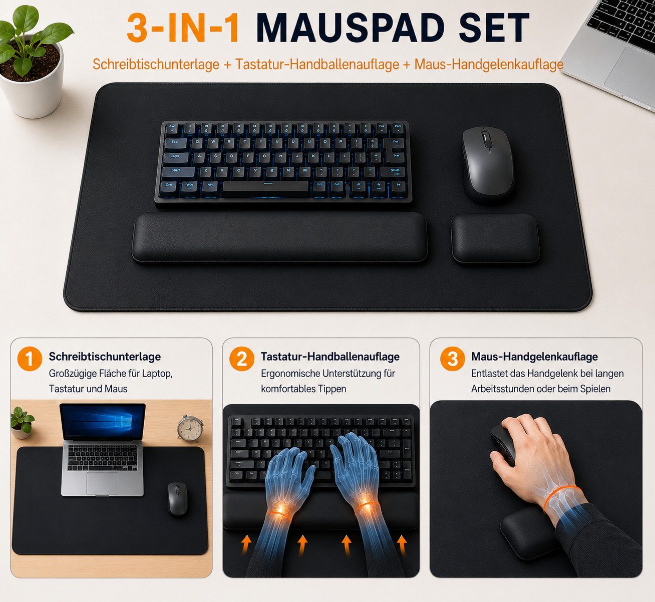 Toomoke Mauspad Gaming Mauspad 3 Set,Schreibtischunterlage,XXL 900×400mm (für Tastatur und Maus,rutschfeste, Schwarz,für Büro/Home,Laptop Schreibunterlage, Tischschutz Unterlage), 3-St,PU-Leder,Memory Foam,Wasserdicht,Handballenauflage