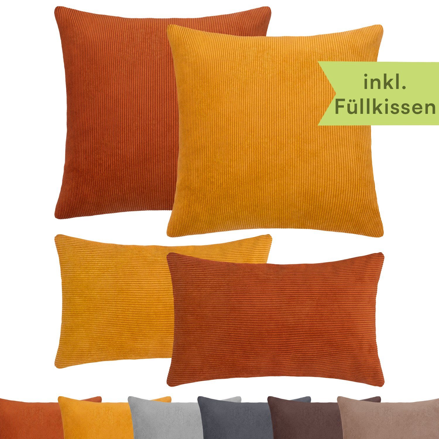 Selfitex Dekokissen 4er Set Cord Kissen 2x 50/50 + 2x 30/50, mit Füllung und Bezug, für Sofa, Couch, Bett oder als Polster jeglicher Art Orange/Goldgelb