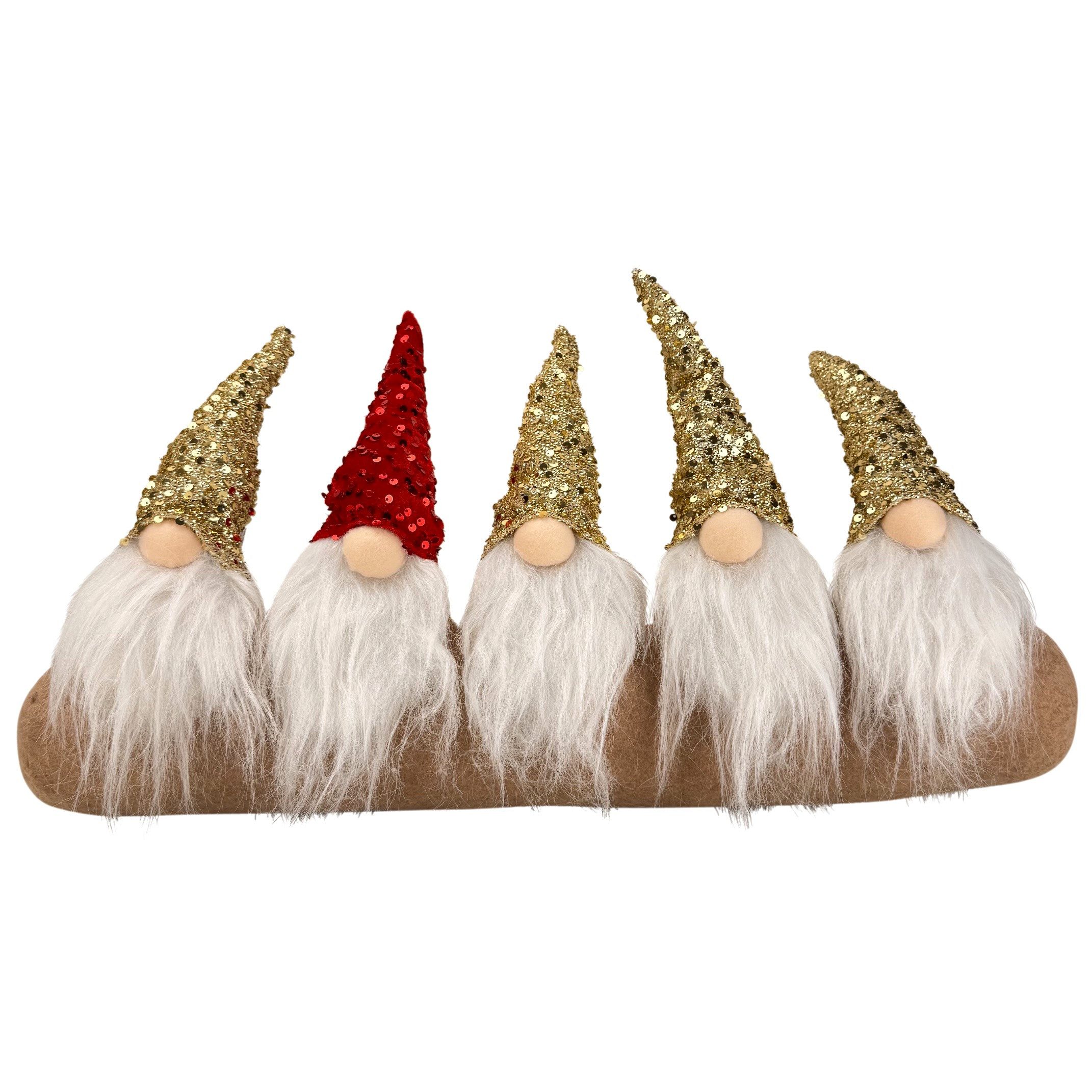 Online-Fuchs Wichtel auf Stoffrolle, 5er Parade mit leuchtender LED Nase, Weihnachtsdeko (62 cm breit, ideal für die Fensterbank oder auf dem Sideboard), inklusive praktischer 6-Stunden Timerfunktion