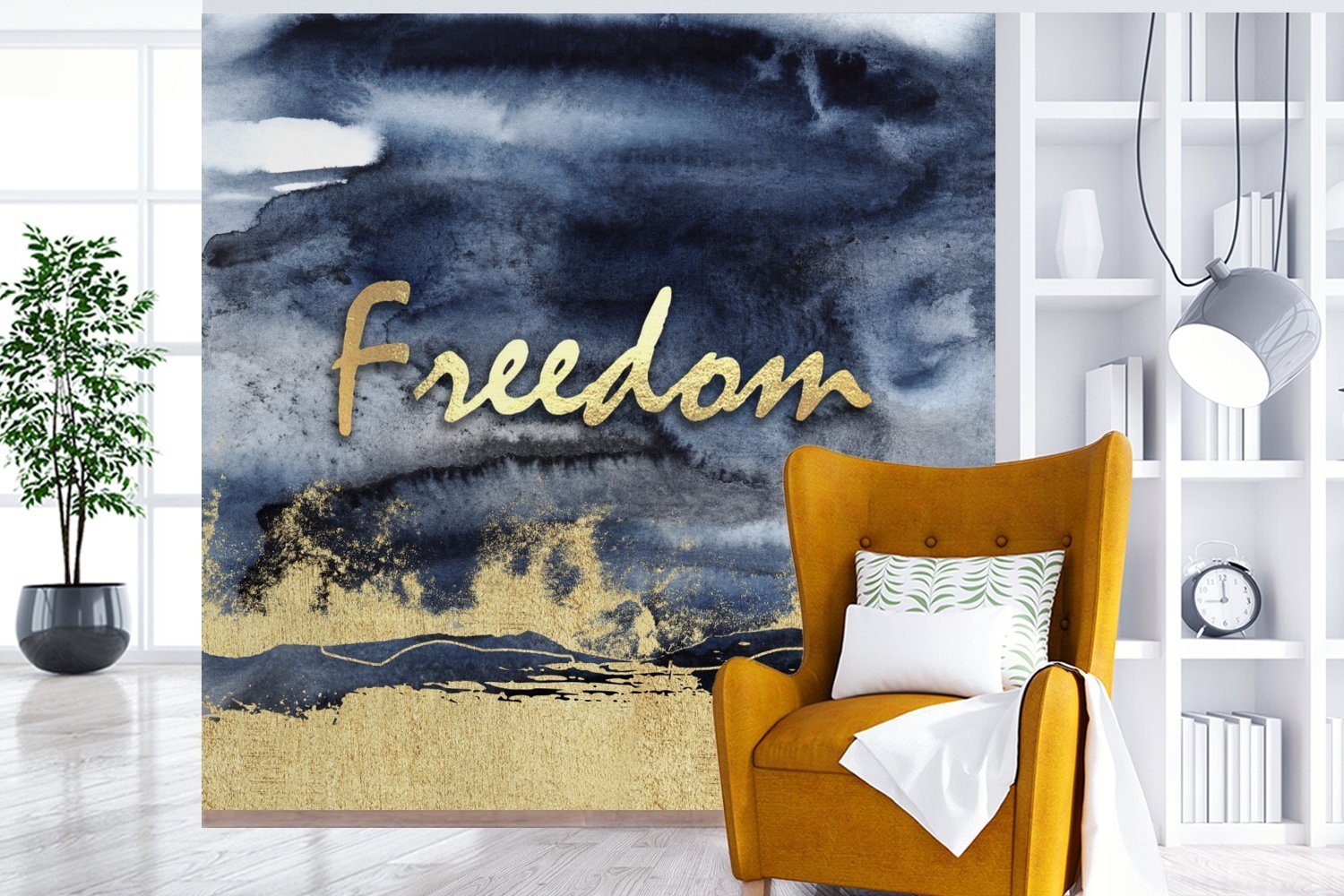 Wandtapete Schlafzimmer, Gold Matt, Fototapete Tapete Zitat Freiheit - - für bedruckt, St), oder (5 Wohnzimmer MuchoWow Schwarz, - Vinyl