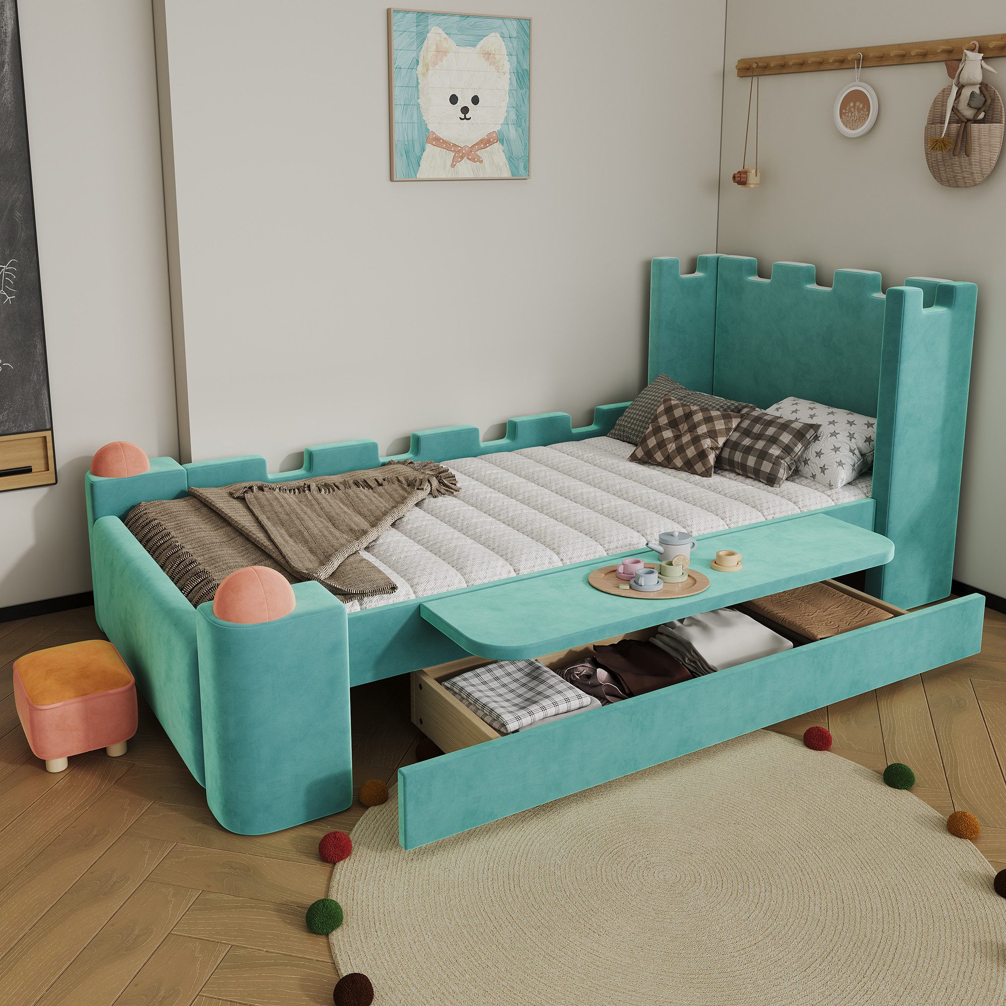 STILVORA Polsterbett 90×200 mit Stauraum Doppelbett Kindebett ohne Matratze (Designbett, Burgstil, Klappablage, Schublade, Französischer Samt, weich gepolstert, Antikollisionsschutz, stabil), Für Kinderzimmer, Jugendzimmer, Familienzimmer