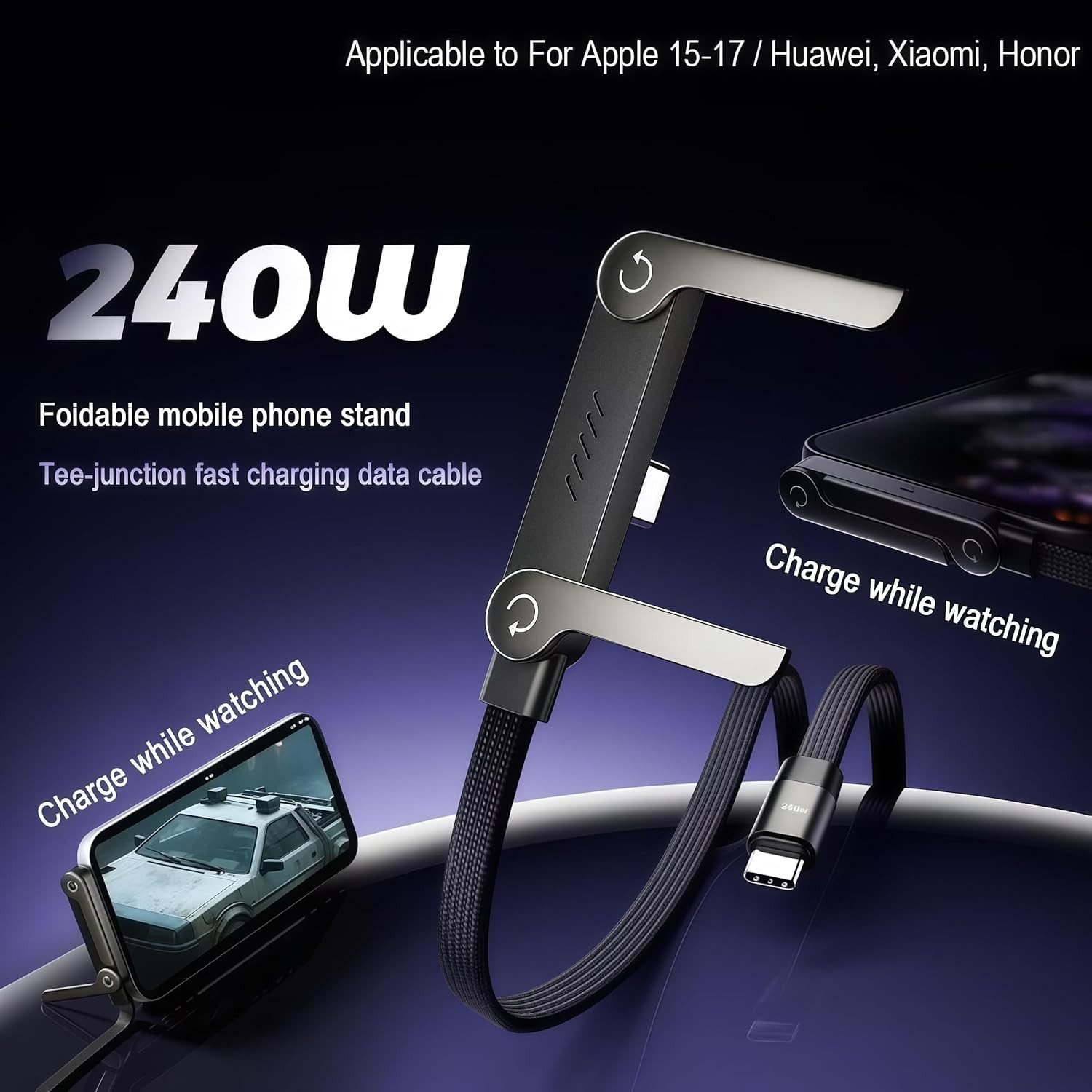 ibettertec 240W USB C Ladekabel seitlich mit Faltbar Handy Ständer 1,5M Batteriekabel, USB-C auf C Datenkabel mit 90° rechtwinkligem Stecker, 2-in-1 Schnellladekabel, für Laptop, iPad, iPhone 17/16/15, Samsung Galaxy S25, Pixel, Xiaomi usw.
