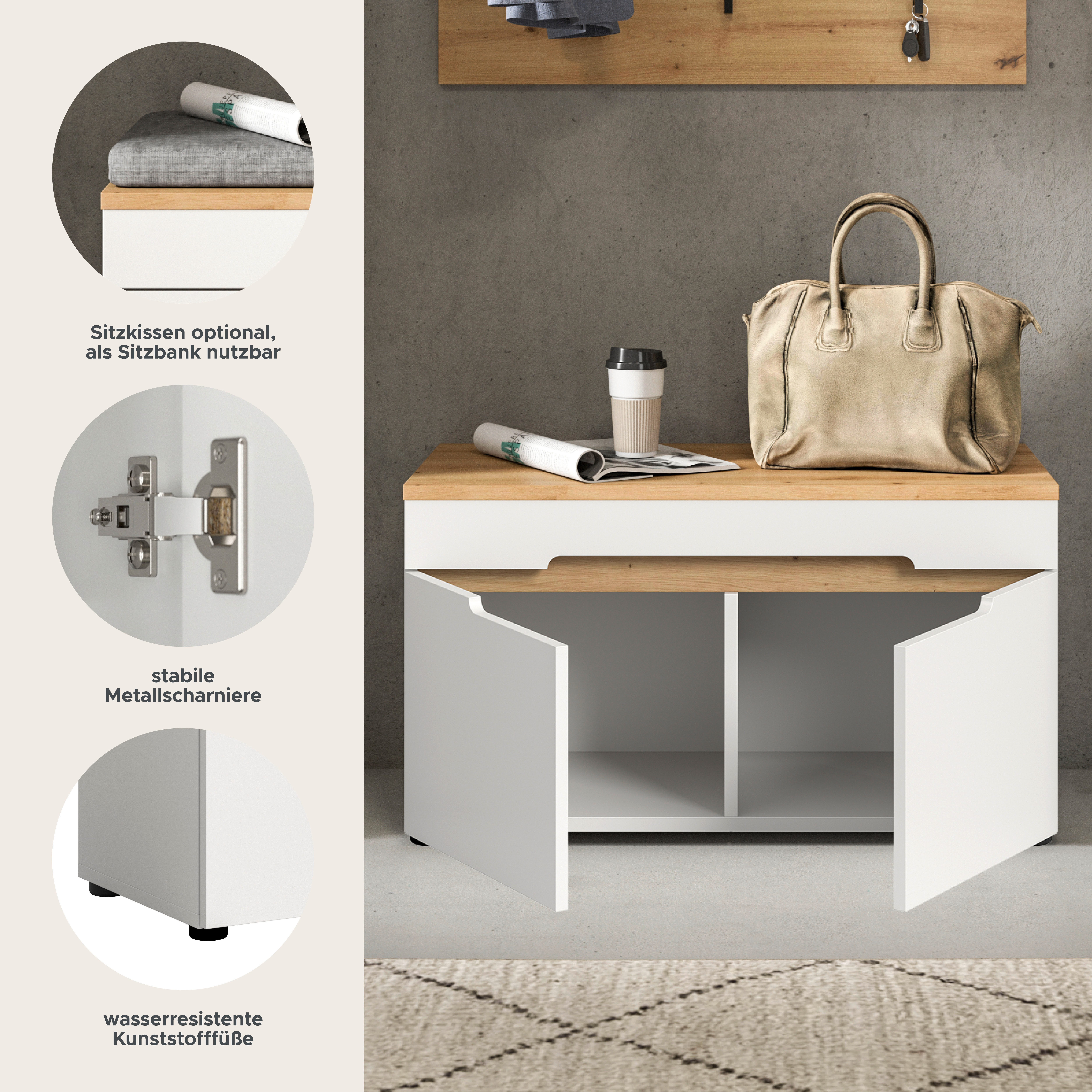 Home affaire Sitzbank REHAT, TOPSELLER!, Breite 80cm, 2 Türen, 2 Fächer (in verschiedenen Farben erhältlich), Garderobenbank, Flurbank, Dielenbank, Bank mit Stauraum, Bank