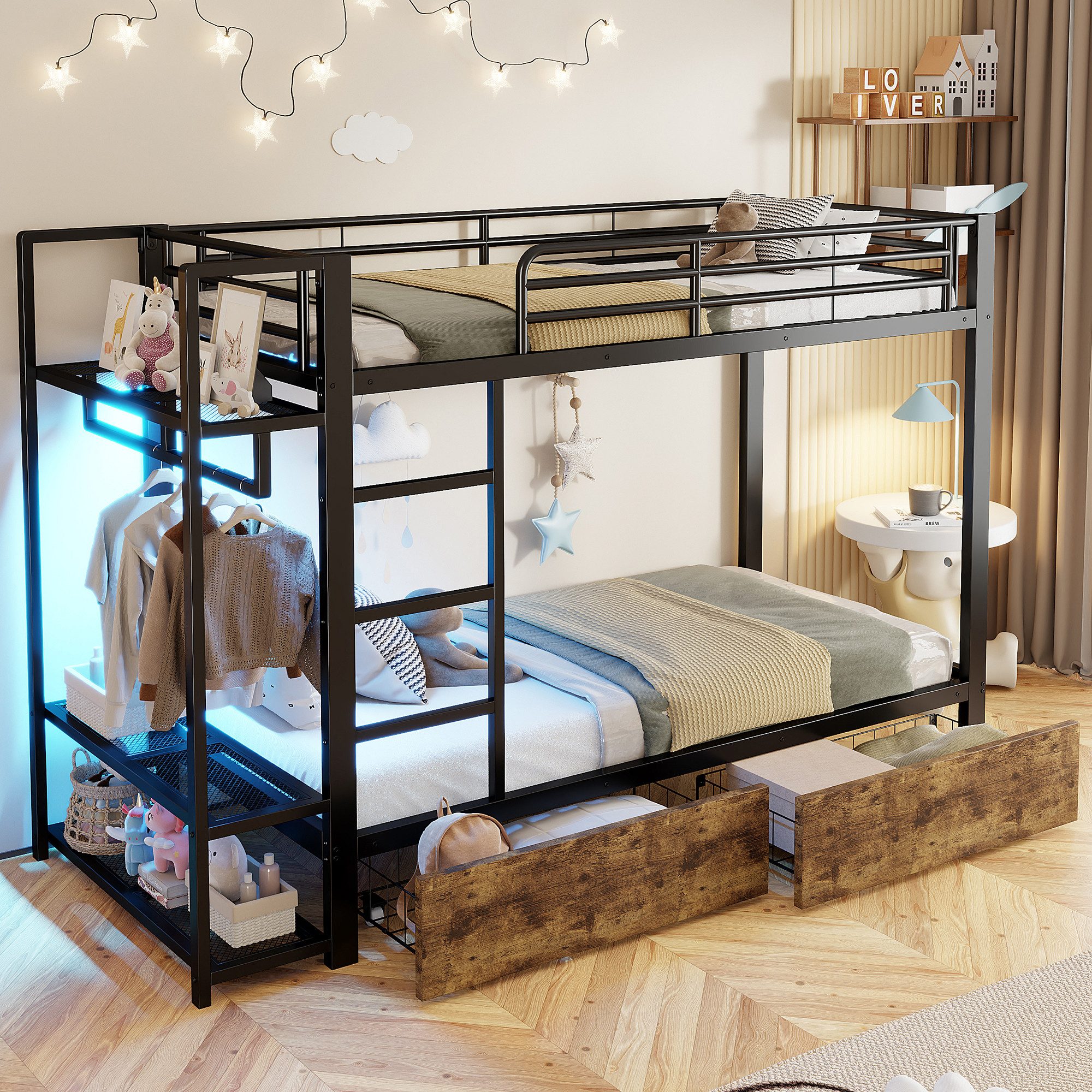 OKWISH Etagenbett Kinderbett Funktionsbett (mit Stauraum, 2 Schubladen, LED-Beleuchtung, integrierter Kleiderstange und Ablageflächen, 90x200 cm), ohne Matratze