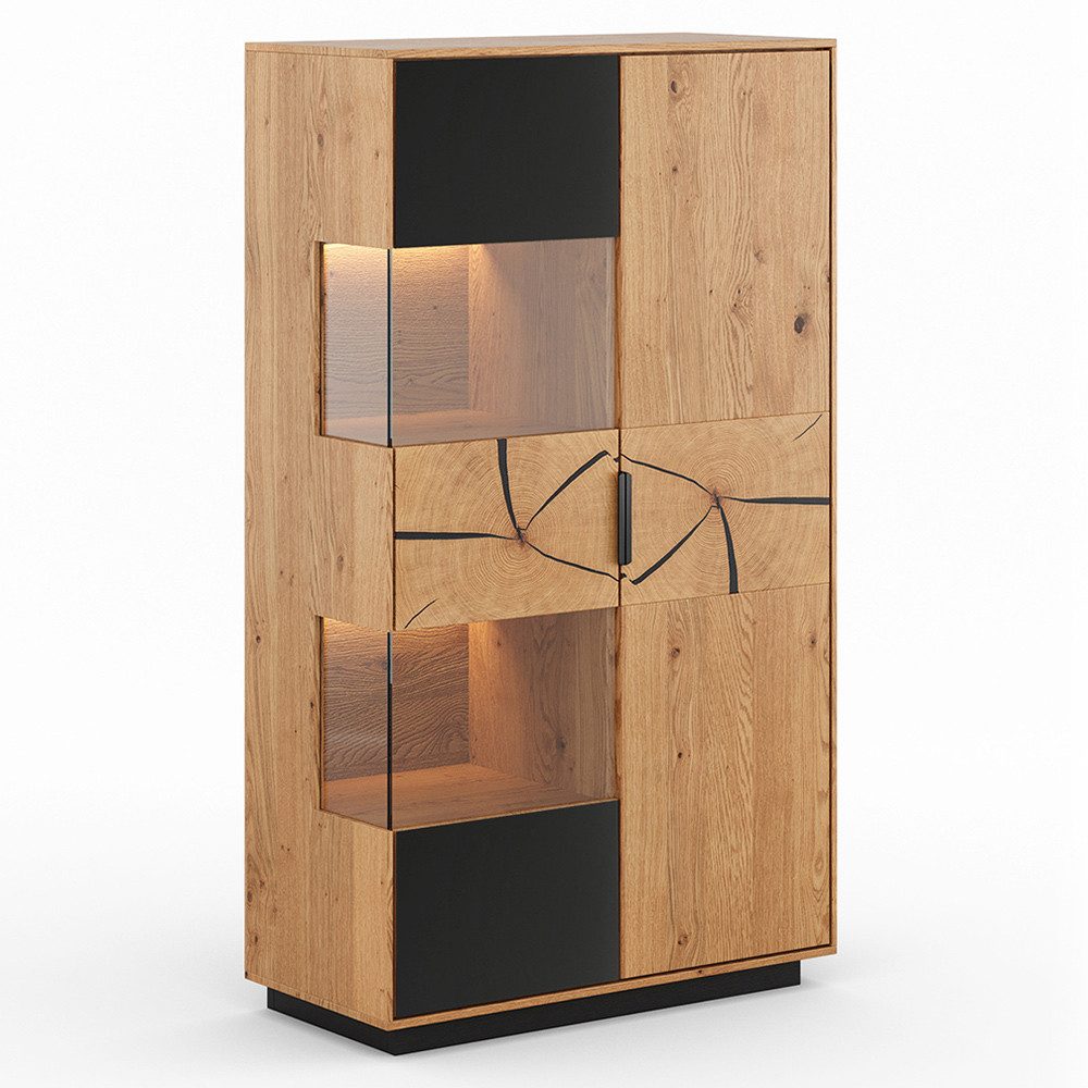 Lomadox Vitrine TIVAT-163 Eiche massiv geölt, 83 cm breit, stehend / hängend, inkl. Beleuchtung