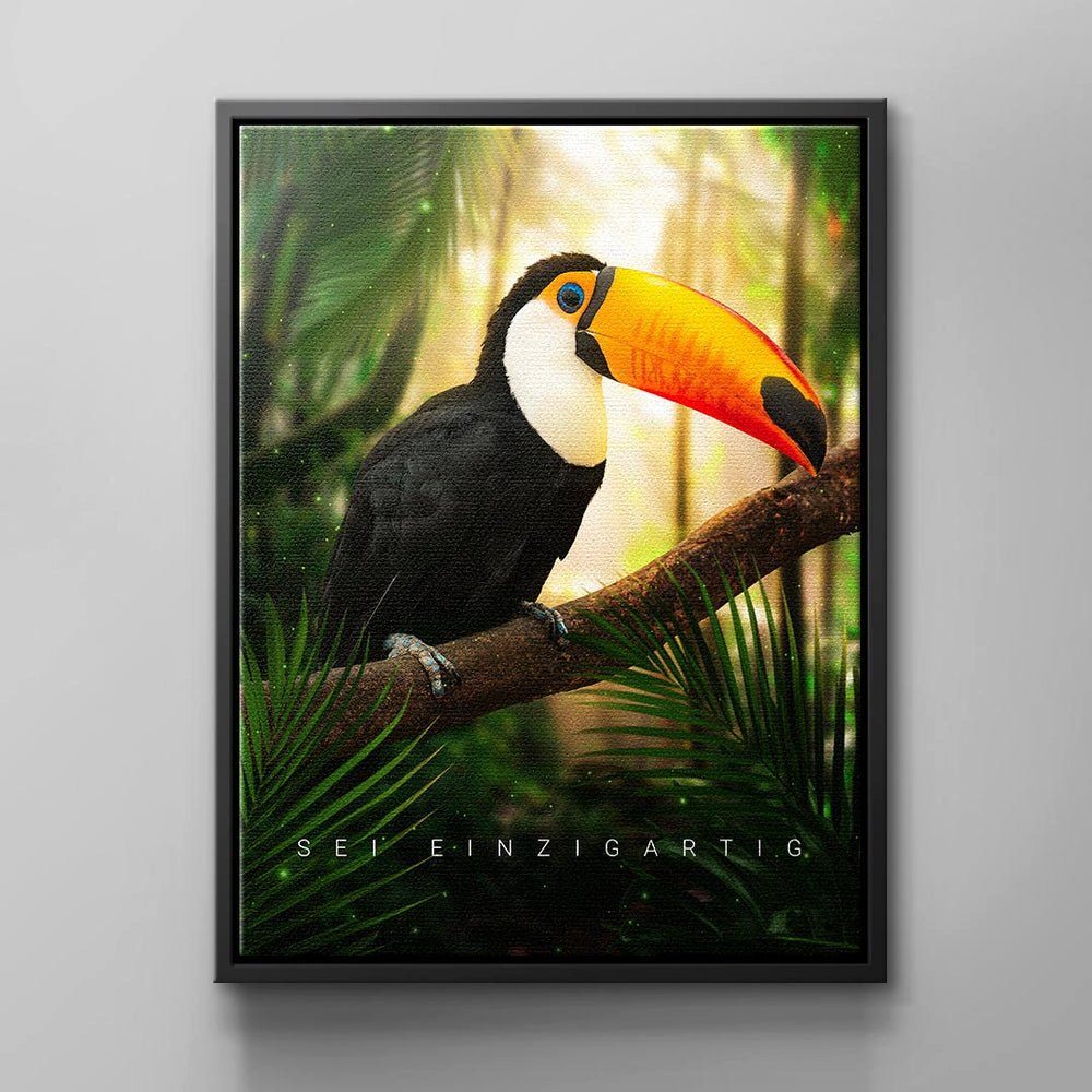 DOTCOMCANVAS® Leinwandbild schwarz grün schwarzer Dschungel Englisch, Wandbild Rahmen orange BE Vogel rot weiß UNIQUE, BE Motivation