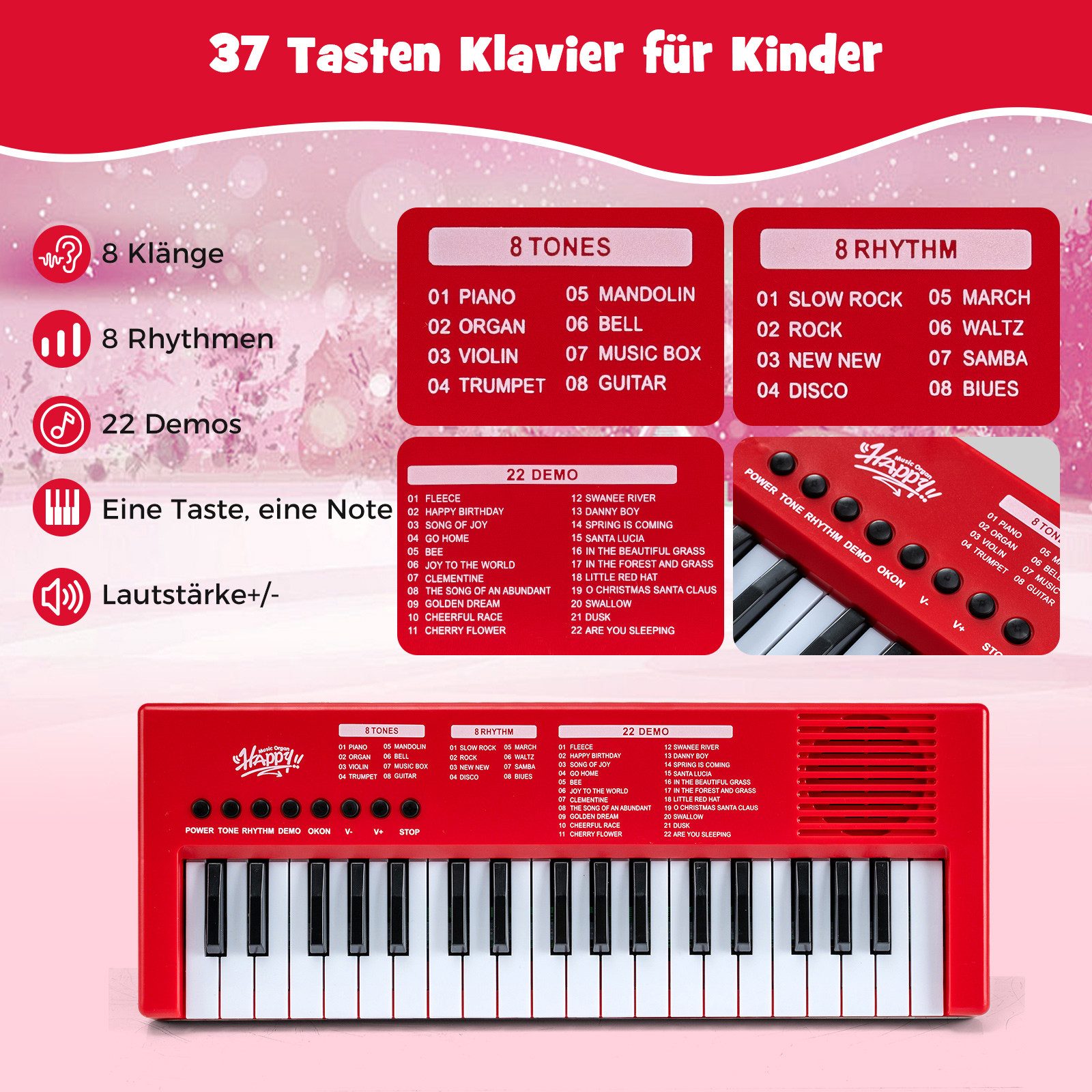 COSTWAY Home-Keyboard (1-St), Kinder Klavier Keyboard, 37 Tasten E-Piano, tragbar