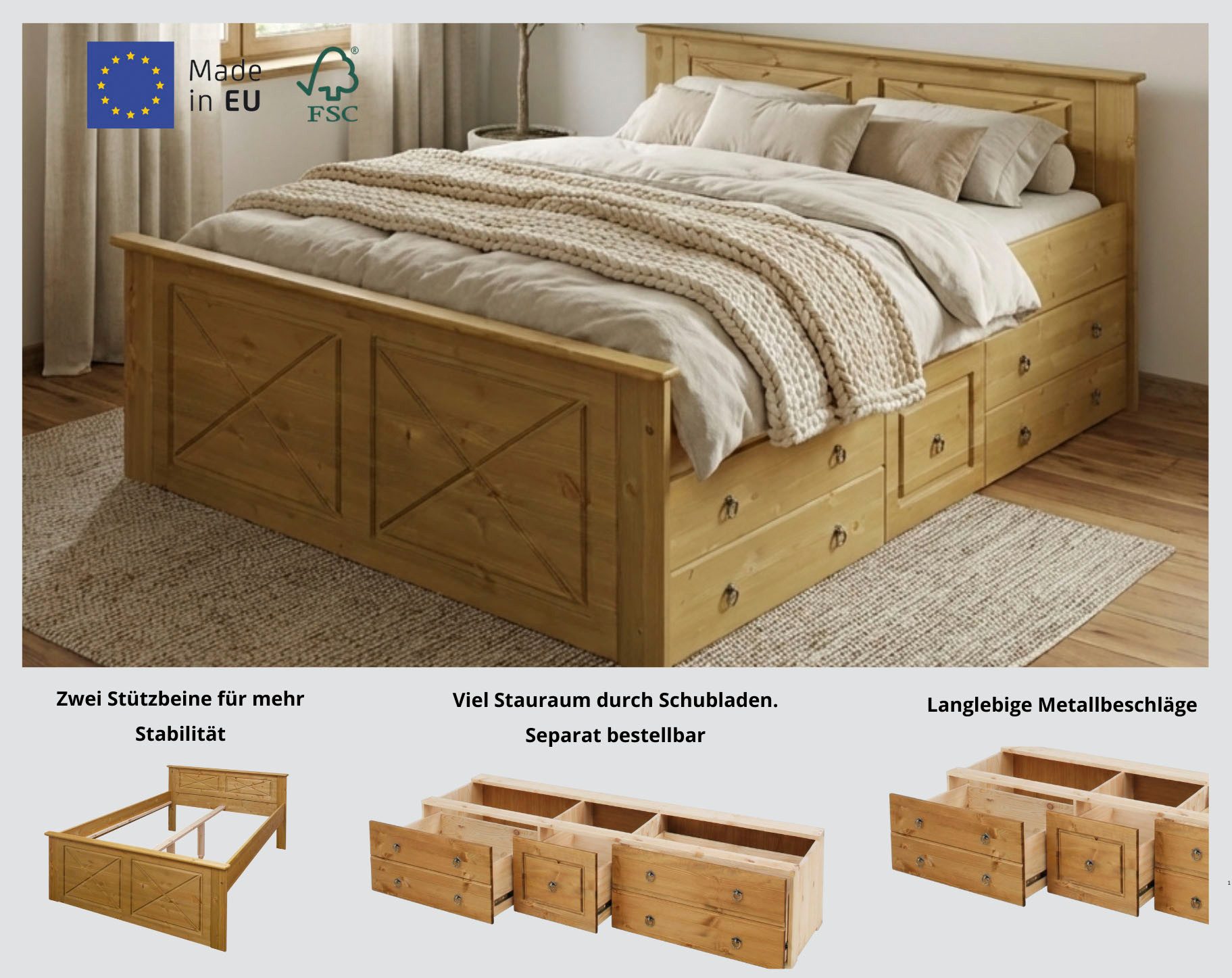OTTO home Massivholzbett Hugo, FSC® zertifiziertes Massivholz, optionaler Stauraum/ Bettkästen (B/T/H: 153/208/84 cm, Liegefläche 140x200), aus massiver Kiefer, Landhaustil mit edlen Verzierungen, Made in EU