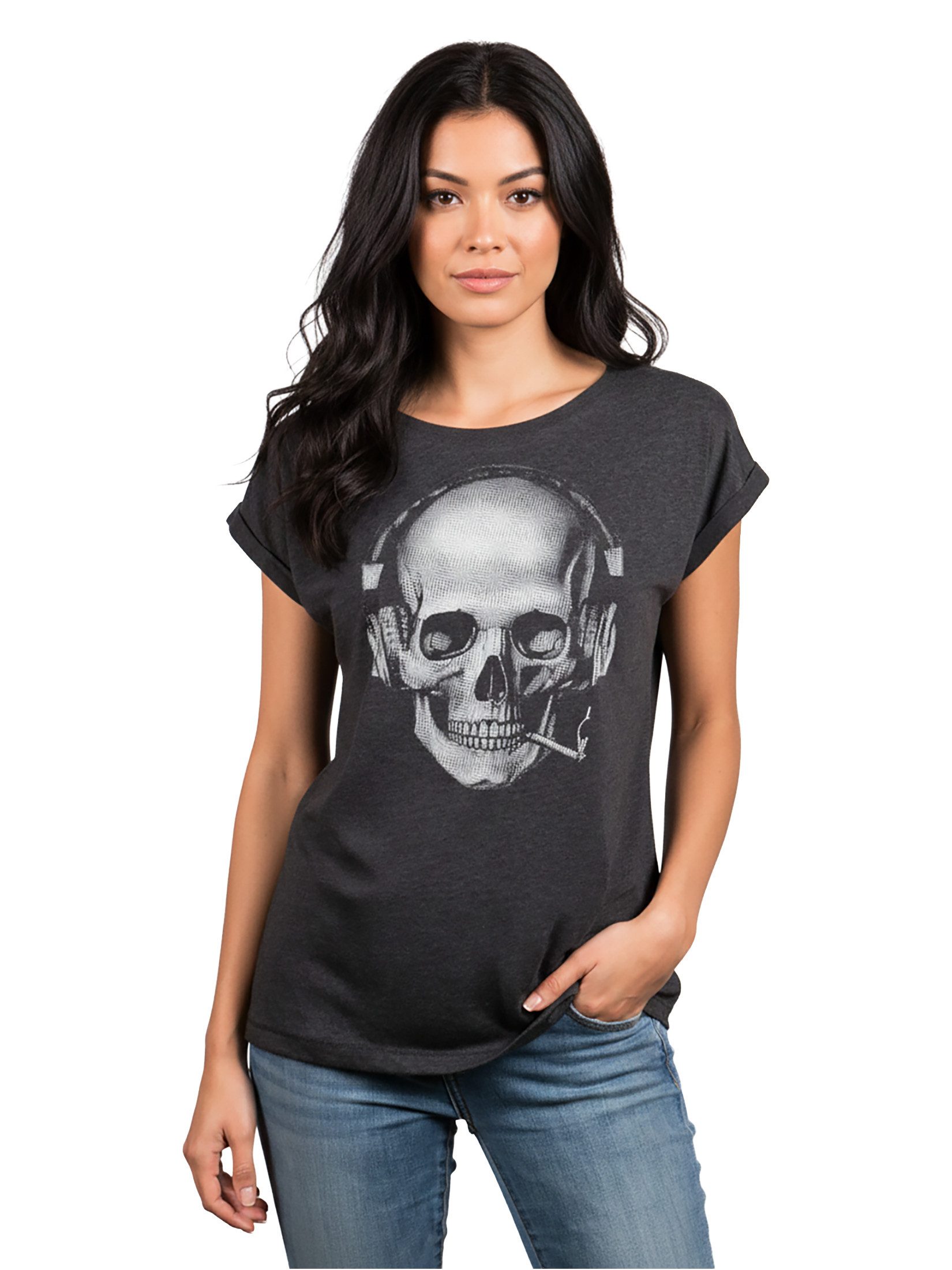 MAKAYA Print-Shirt Damen Cooles T-Shirt mit Totenkopf Design Skull Top - Aufdruck Gothic (Kurzarm, Rundhals, Schwarz, Blau, Grau) große Größen