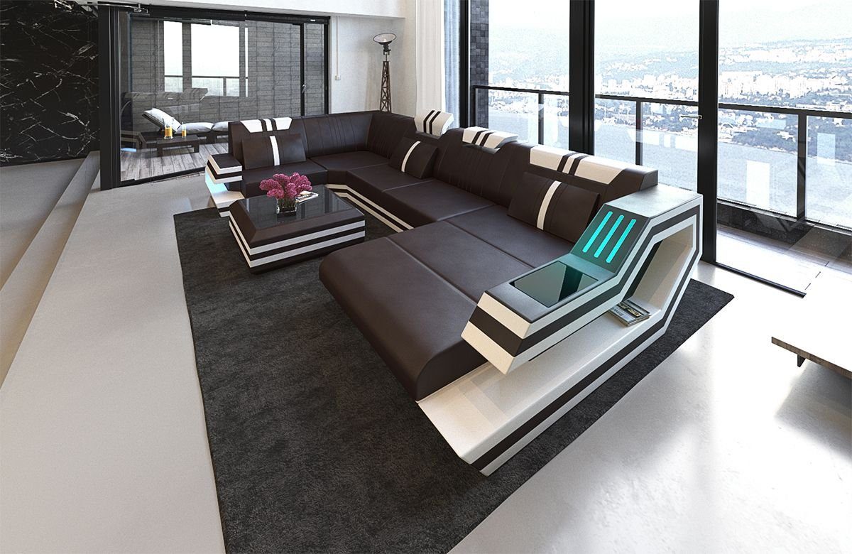 Sofa Dreams Wohnlandschaft Leder Sofa Ledercouch Ravenna U Form Ledersofa, Couch, mit LED, wahlweise mit Bettfunktion als Schlaffunktion