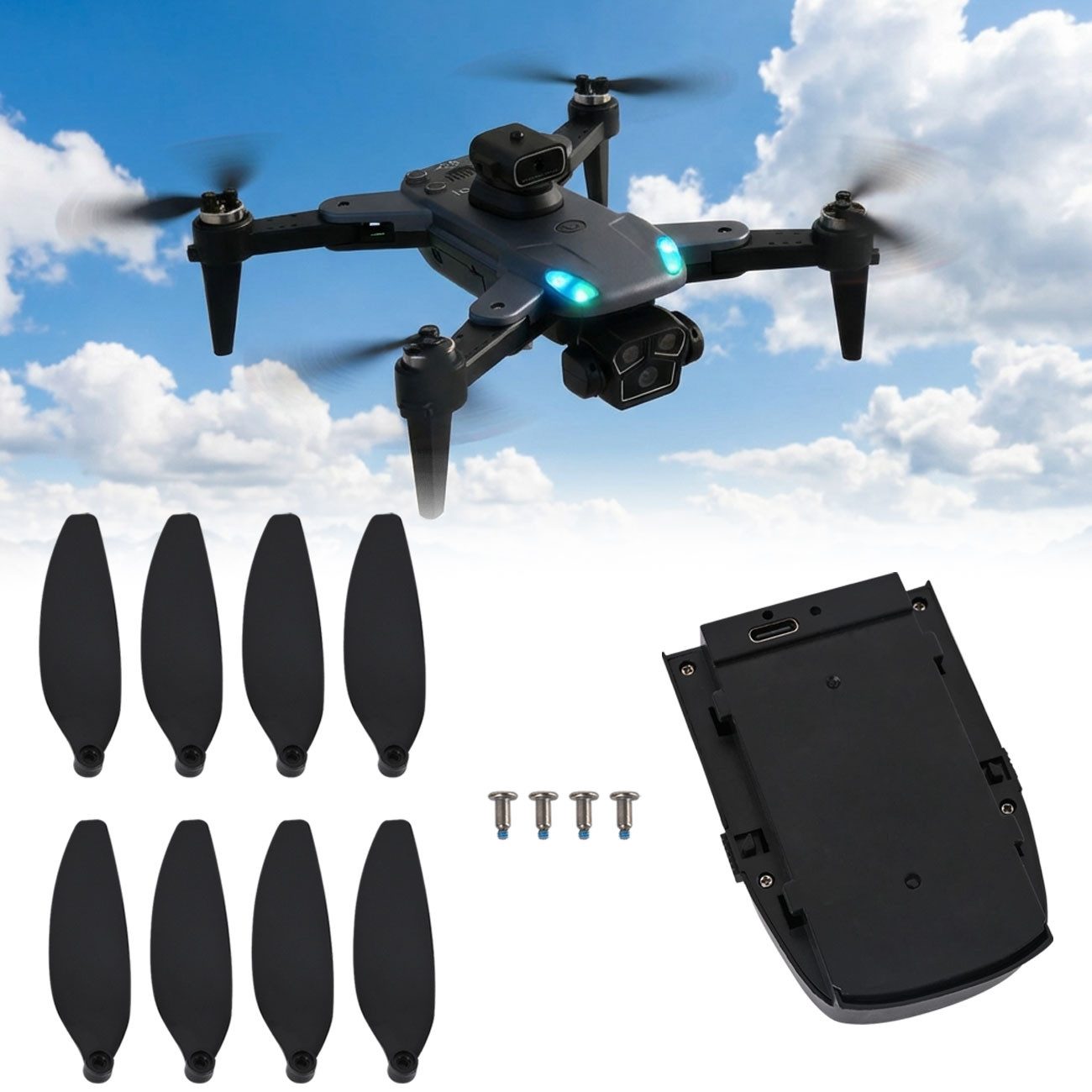 shop'n smile ideoon Ersatzteil Set GPS Drohne CH11603 Akku 3000mAh 7.4V 4 Propellerpaare Zubehör Drohne (Passgenaues Plug-and-Play Steckgehäuse)