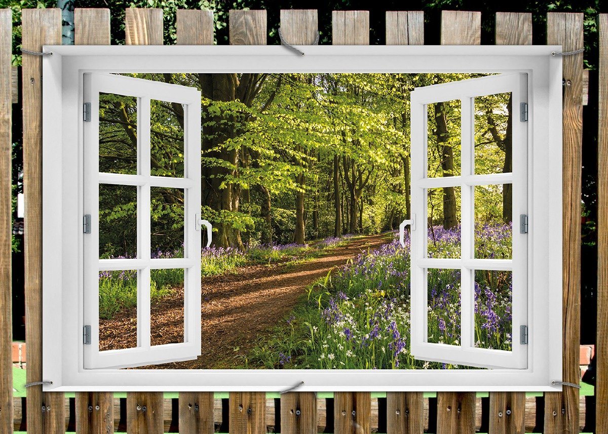Thumbnail - Wallario Sichtschutzzaunmatten Blaues Hasenglöckchen im Sommerwald, mit Fenster-Illusion