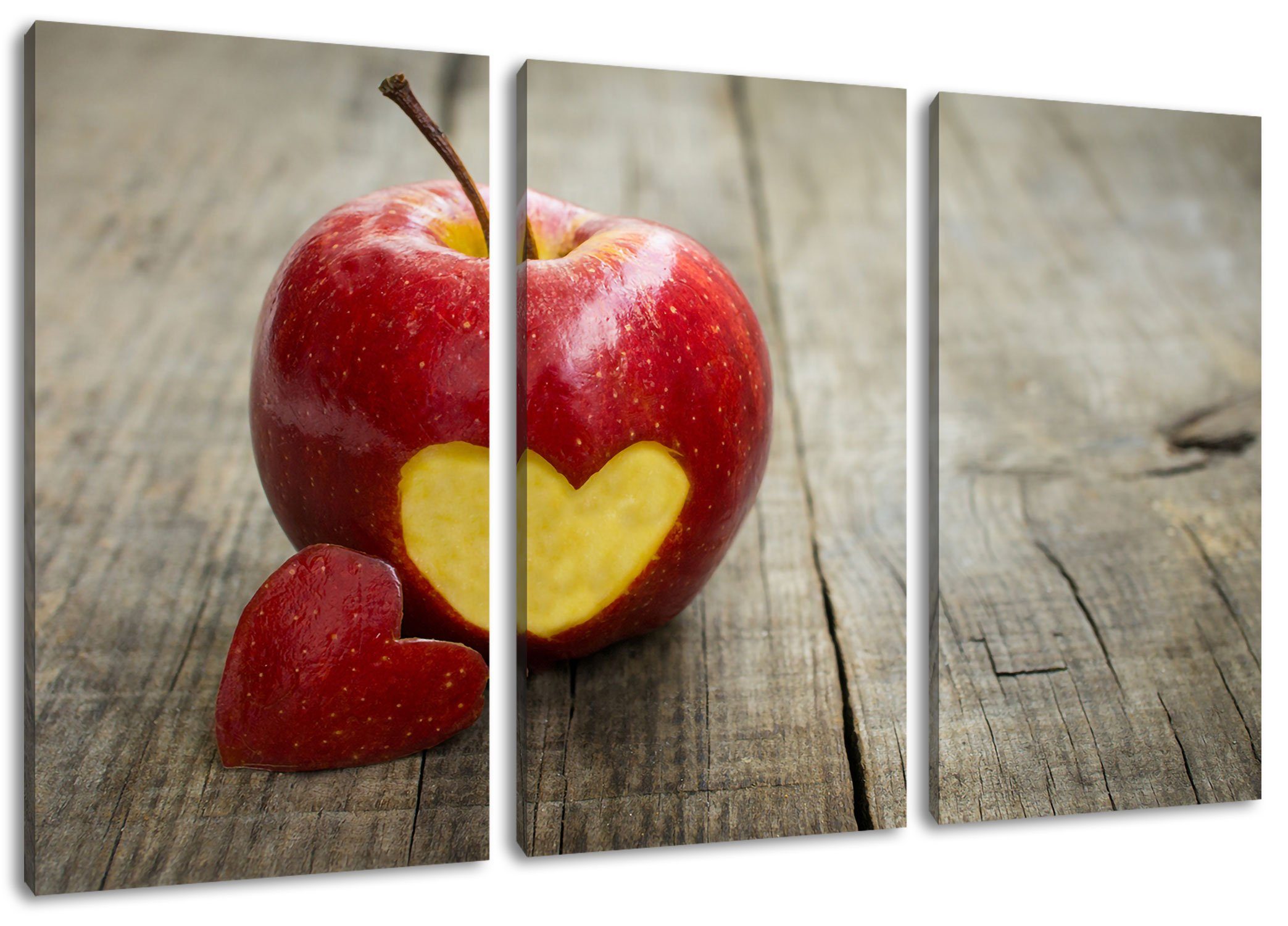 Pixxprint Leinwandbild Herzschnitzerei in Apfel, Herzschnitzerei in Apfel 3Teiler (120x80cm) (1 St), Leinwandbild fertig bespannt, inkl. Zackenaufhänger