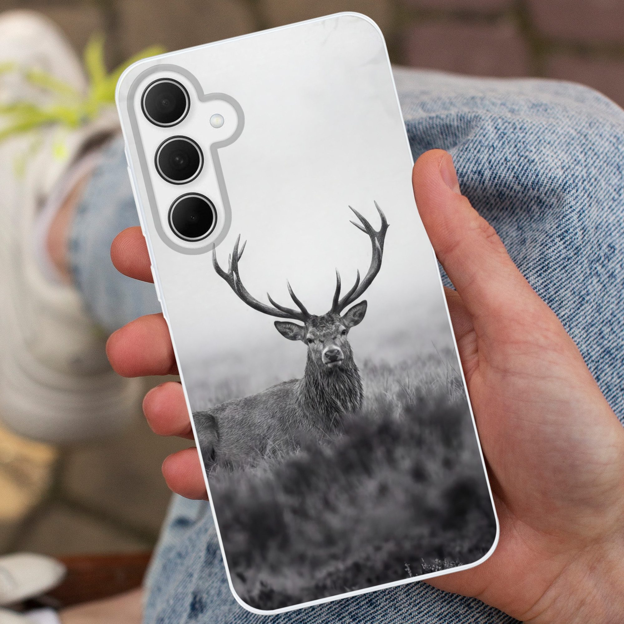 MuchoWow Handyhülle für Samsung Galaxy A35 5G Hirsch - Neblig - Schwarz - Weiß, Smartphone-Bumper, Print, Handy Schutzhülle Dünn