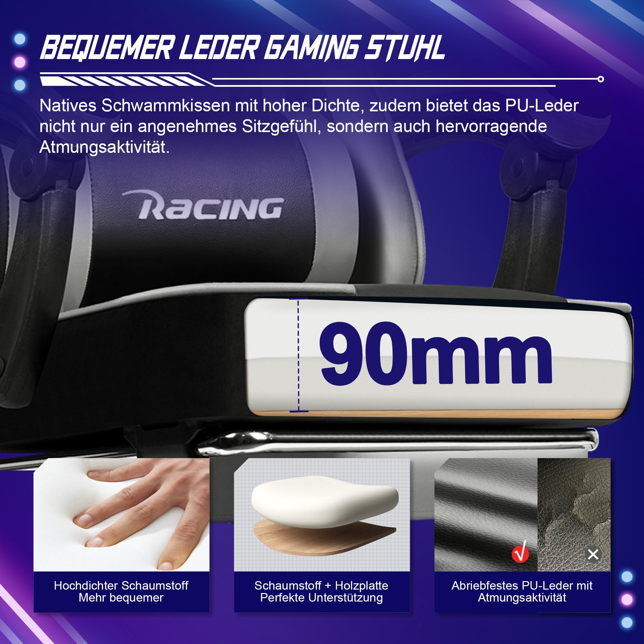 Homimaster Gaming-Stuhl Gaming Stuhl Ergonomischer Gaming Chair mit 170° Rückenlehne (Gaming Chair mit Fußstütze,Verstellbarem Lenden- & Kopfkissen), 10 cm höhe – Bild 3 von 5