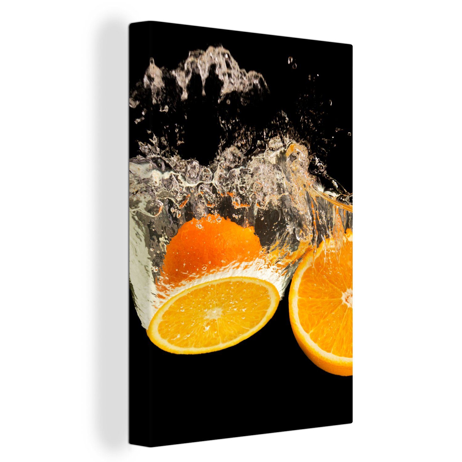 OneMillionCanvasses® Leinwandbild Orange - Stillleben - Wasser - Schwarz - Obst, Fotodruck (1 St), Wandbilder für Esszimmer, Wanddeko Bilder Küche, 20x30 cm