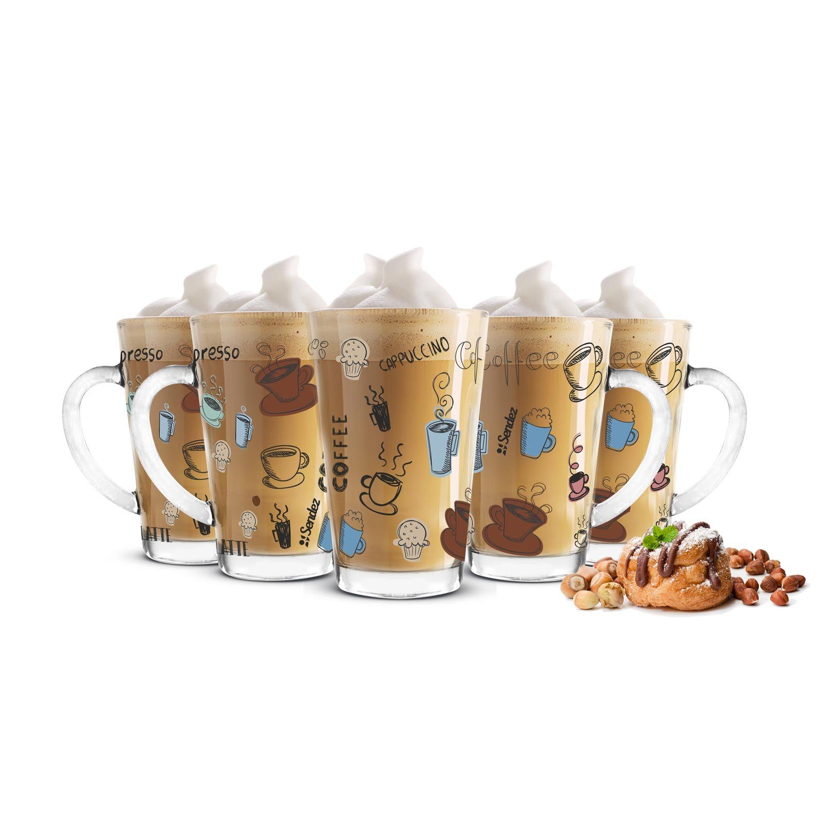 Sendez Latte-Macchiato-Glas 6 Latte Macchiato Gläser 300ml Kaffeegläser mit buntem Kaffee-Aufdruck, 6-tlg., Glas – Bild 5 von 5
