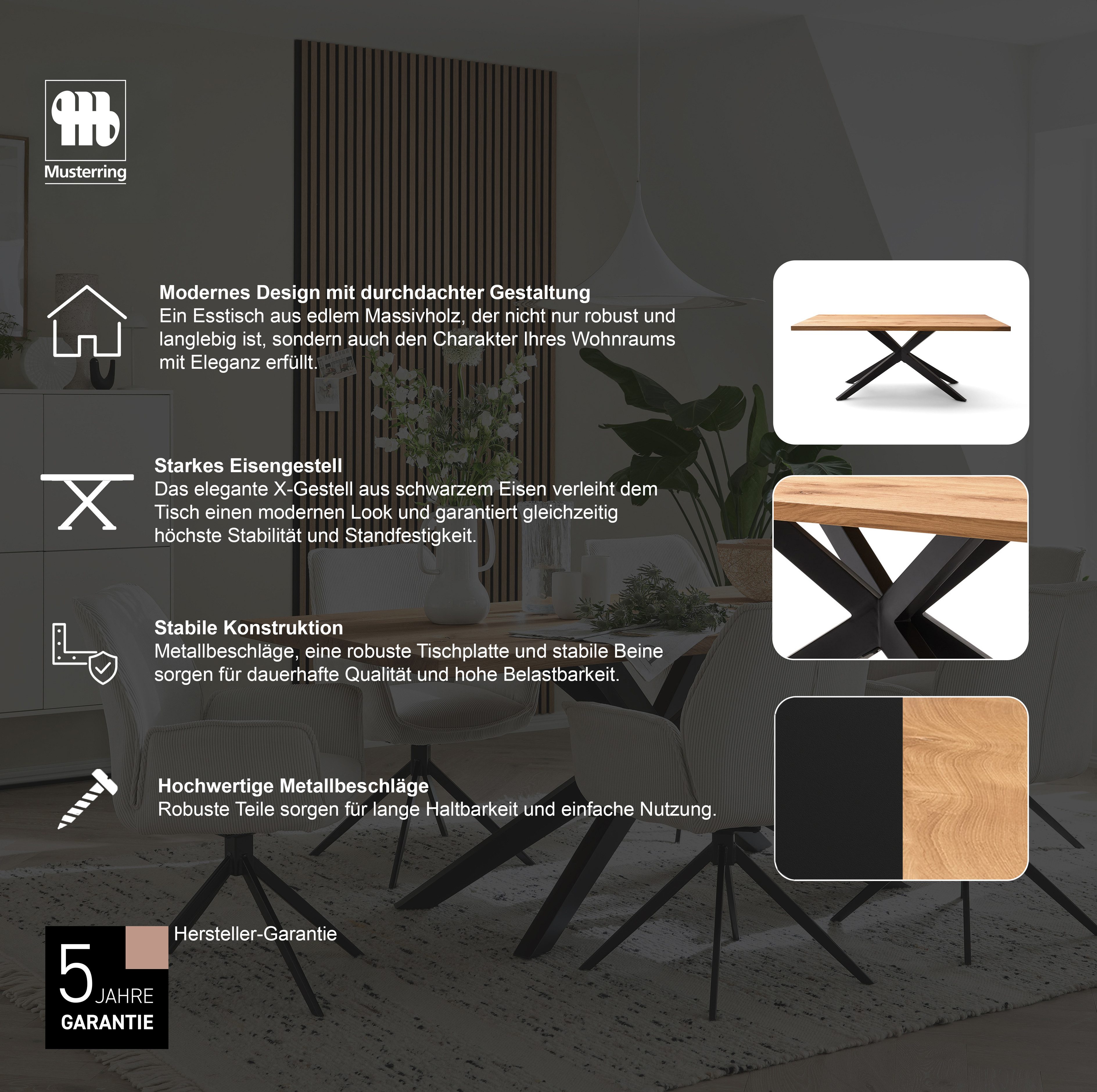 Musterring Esstisch Tiama, mit fester Platte in Barock-Eiche massiv, 40mm, Eisengestell schwarz