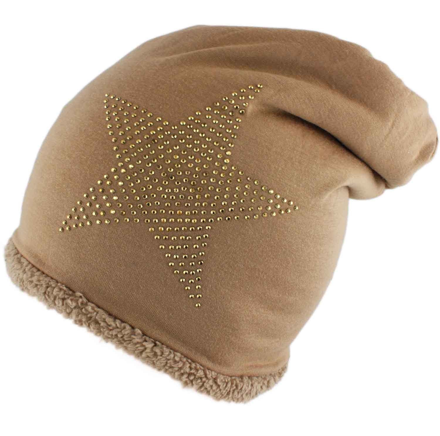 Sonia Originelli Beanie Fleece Beanie Strass-Stern Steinchen mit weichem Teddyfell gefüttert beige