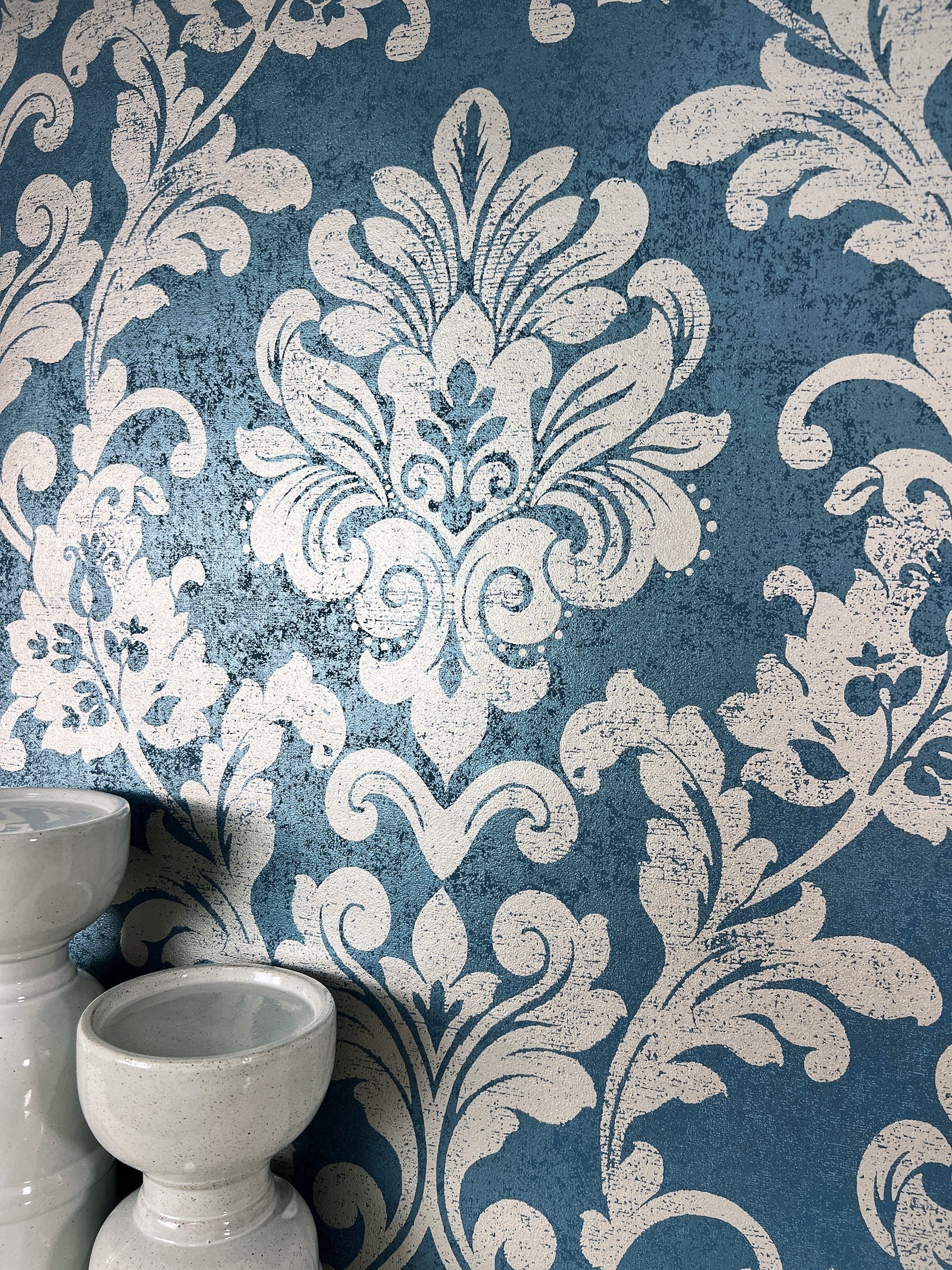 Newroom Vliestapete Mehira Tapete Barocktapete Ornamente,Metallic,Glanz, Blau Tapete Vintage Ornamente - Glanztapete Elegant Petrol Silber Glamour Glamour Metallic Glanz für Wohnzimmer Schlafzimmer Küche, Glanztapete