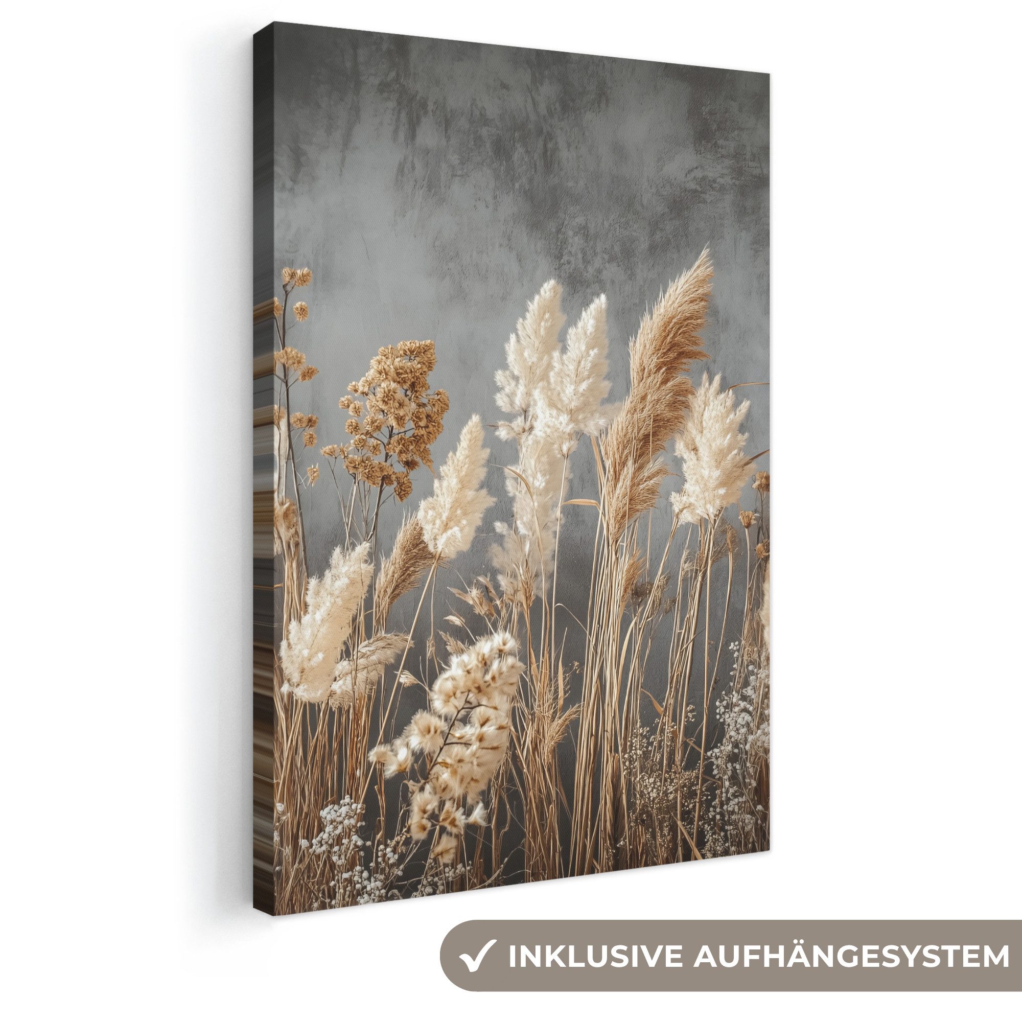 OneMillionCanvasses® Leinwandbild Getrocknete Feldblumen - Grau - Beton, Fotodruck (1 St), Leinwand Canvas Wandbild, Wanddekoration 20x30 cm