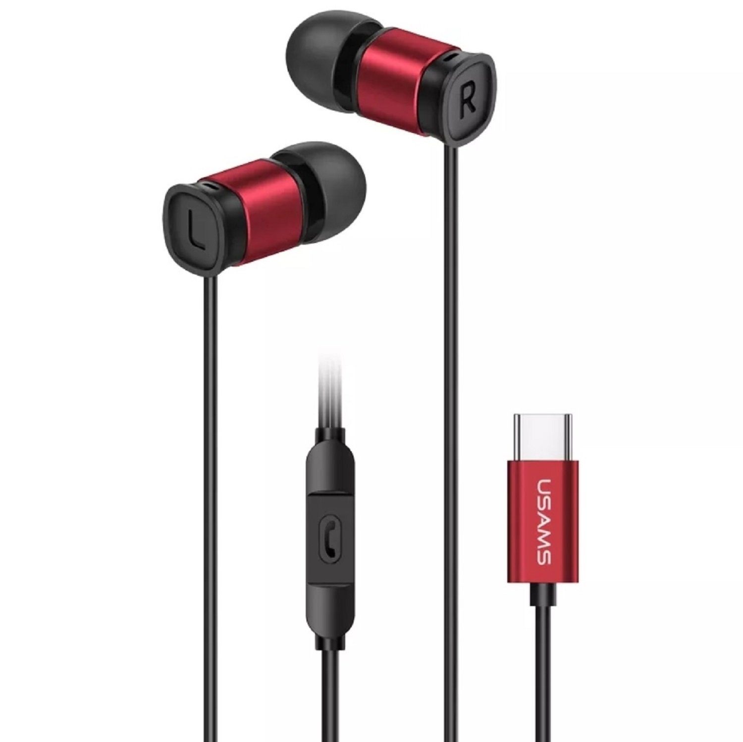 USAMS EP-46 3,5mm, Typ C Kopfhörerstecker Bass HiFi Stereo Ohrhörer On-Ear-Kopfhörer (Kabelgebunden, In-Ear-Kopfhörer, intergrierte Steuerug für Anrufe und Musik, 1,2m, Type 3,5mm, Type-C, Mikrofon) Rot (Type-C)