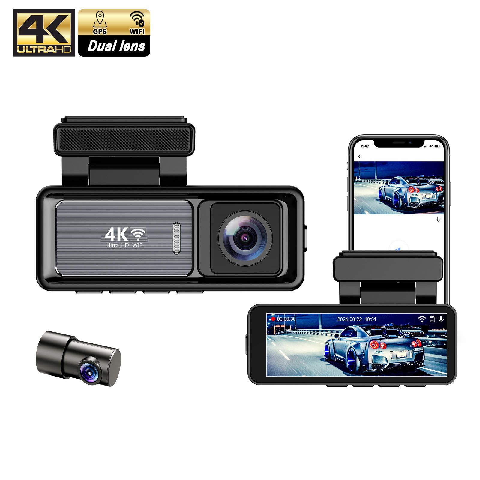 Goldstern-Tech BM06 Pro Dashcam (4K Ultra HD, WLAN, Dashcam mit Front- & Rückkamera, Front 170° & Rückkamera 140°, HDR, GPS, G-Sensor, Parküberwachung)