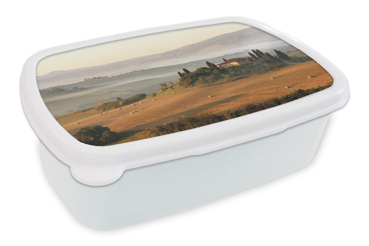 MuchoWow Lunchbox Toskana - Landschaft - Bauernhaus, Kunststoff, (2-tlg), Brotbox für Kinder und Erwachsene, Brotdose, für Jungs und Mädchen weiß