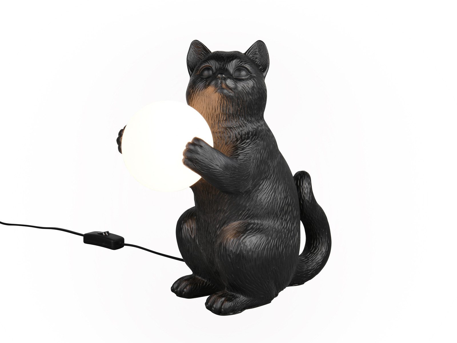Reality Leuchten LED Nachttischlampe Katzenlampe mit Kugel, Höhe 30cm, Dimmfunktion, LED wechselbar, warmweiß, besondere außergewöhnlich-e Tischlampe ausgefallen-e Tierlampe Schwarz