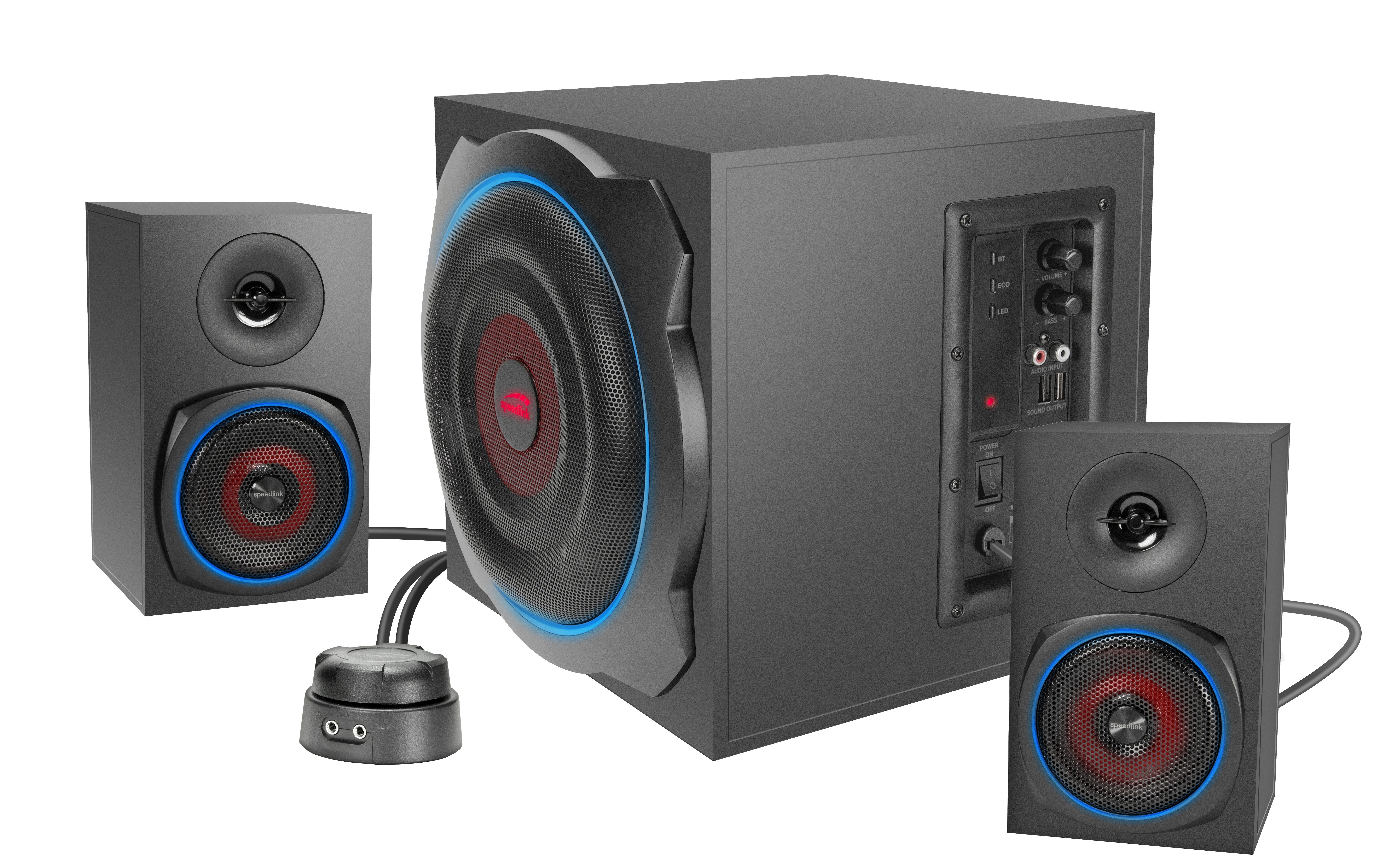 Speedlink GRAVITY LT RGB Subwoofer System aus Holz mit Bluetooth 2.1 Soundsystem 2.1 (40 W RMS, 80 W Spitzenleistung, 3,5mm Klinke, RGB-Tischfernbedienung)