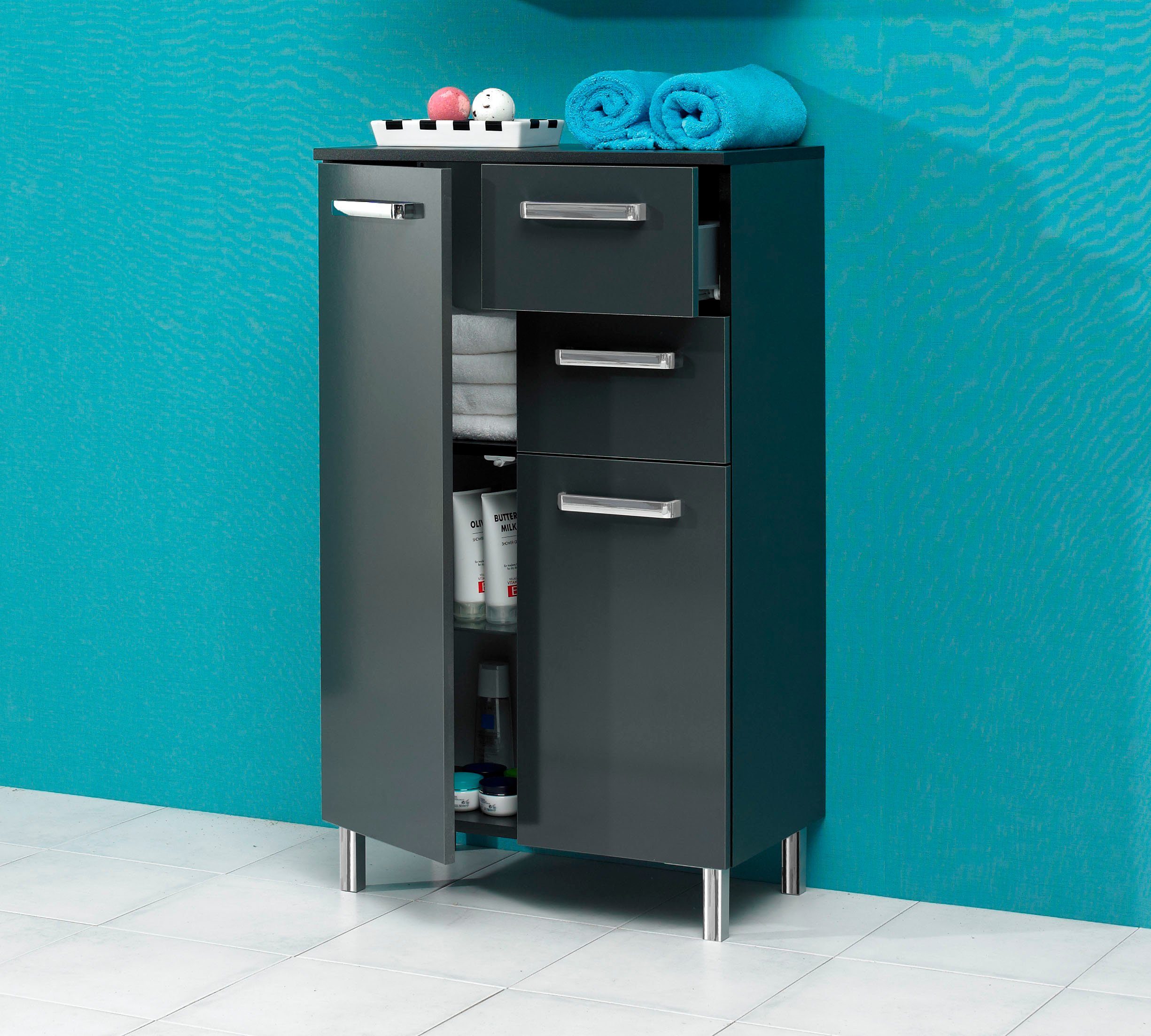 Saphir Unterschrank Quickset Badschrank mit 2 Türen, 2 Schubladen, 60 cm breit Badezimmer-Unterschrank inkl. Türdämpfer, Griffe in Chrom Glanz