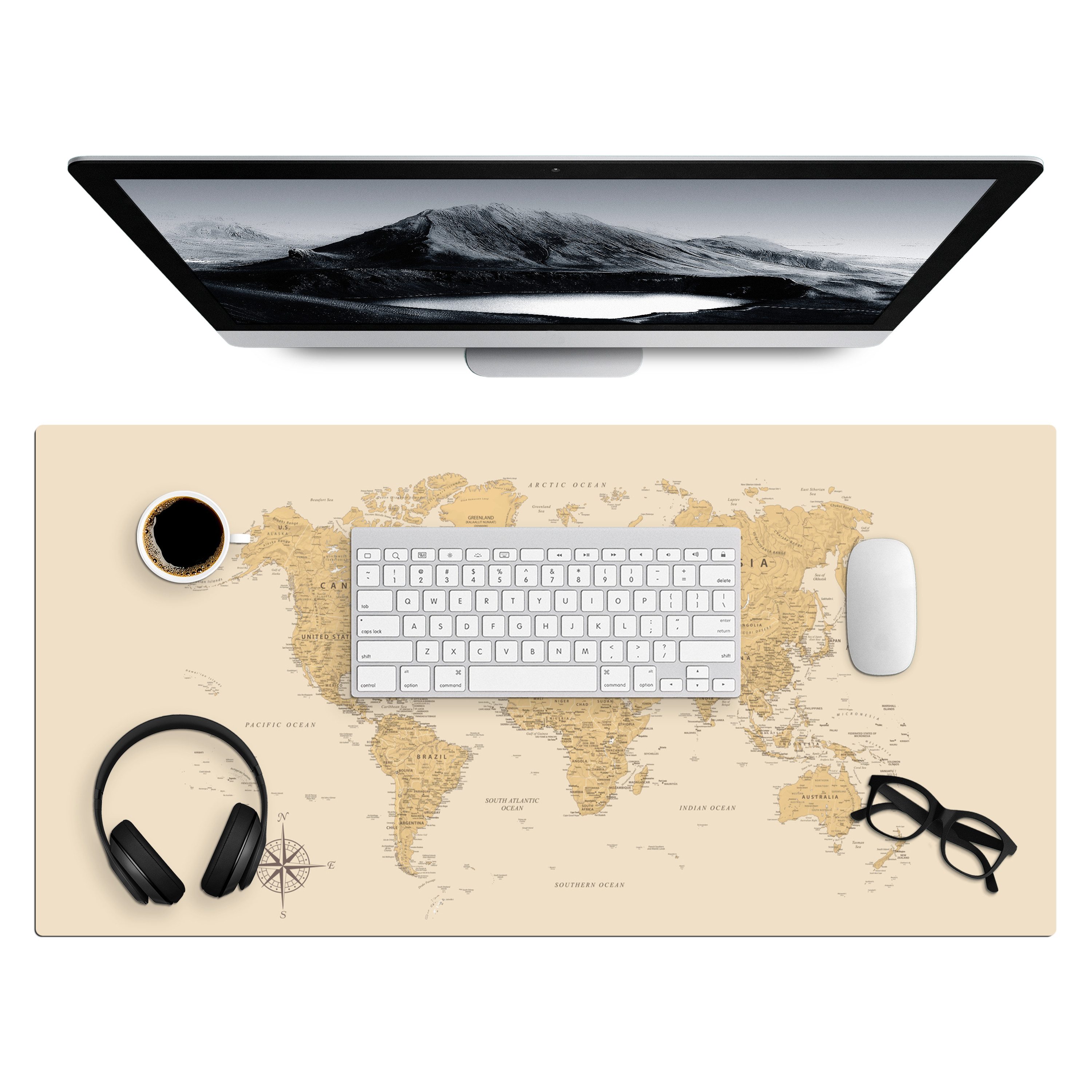 MuchoWow Gaming Mauspad Weltkarte - Realistisch - Beige (1-St), Gaming Mauspad XXL, Schreibtischunterlage, Desk Mat Groß, 80x40 cm