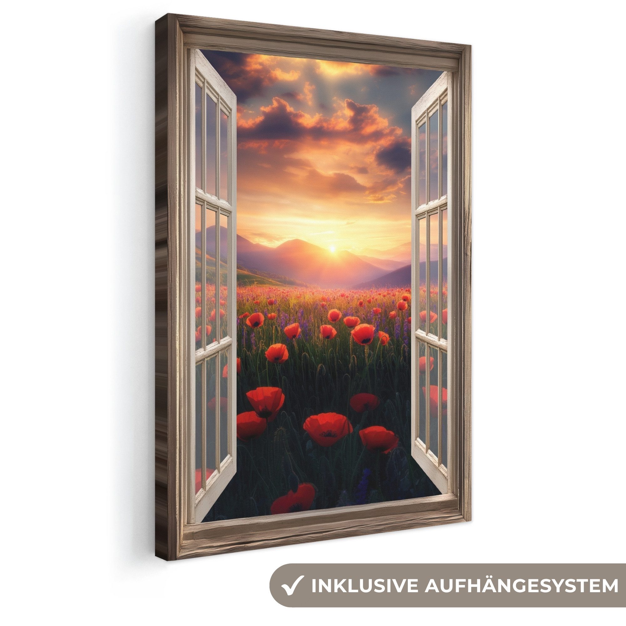 OneMillionCanvasses® Leinwandbild Fensterblick - Fenster - Mohnblumen - Blumen - Rot - Offenes Fenster, Fotodruck (1 St), Leinwand Canvas Wandbild, Wanddekoration 20x30 cm