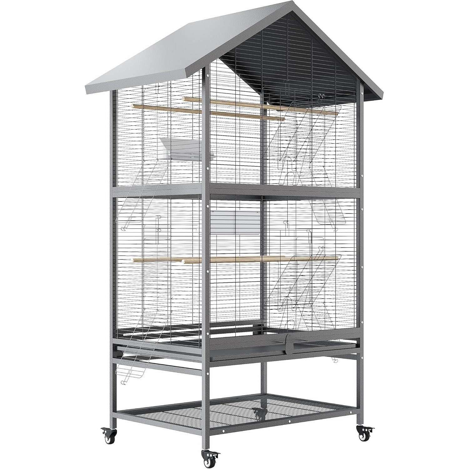 GarveeMore Vogelkäfig mit 4 Metallfutterspendern,Holzstangen und Lagerregal, Flugkäfig für Papageien und Großer Vögel,167x60x80cm