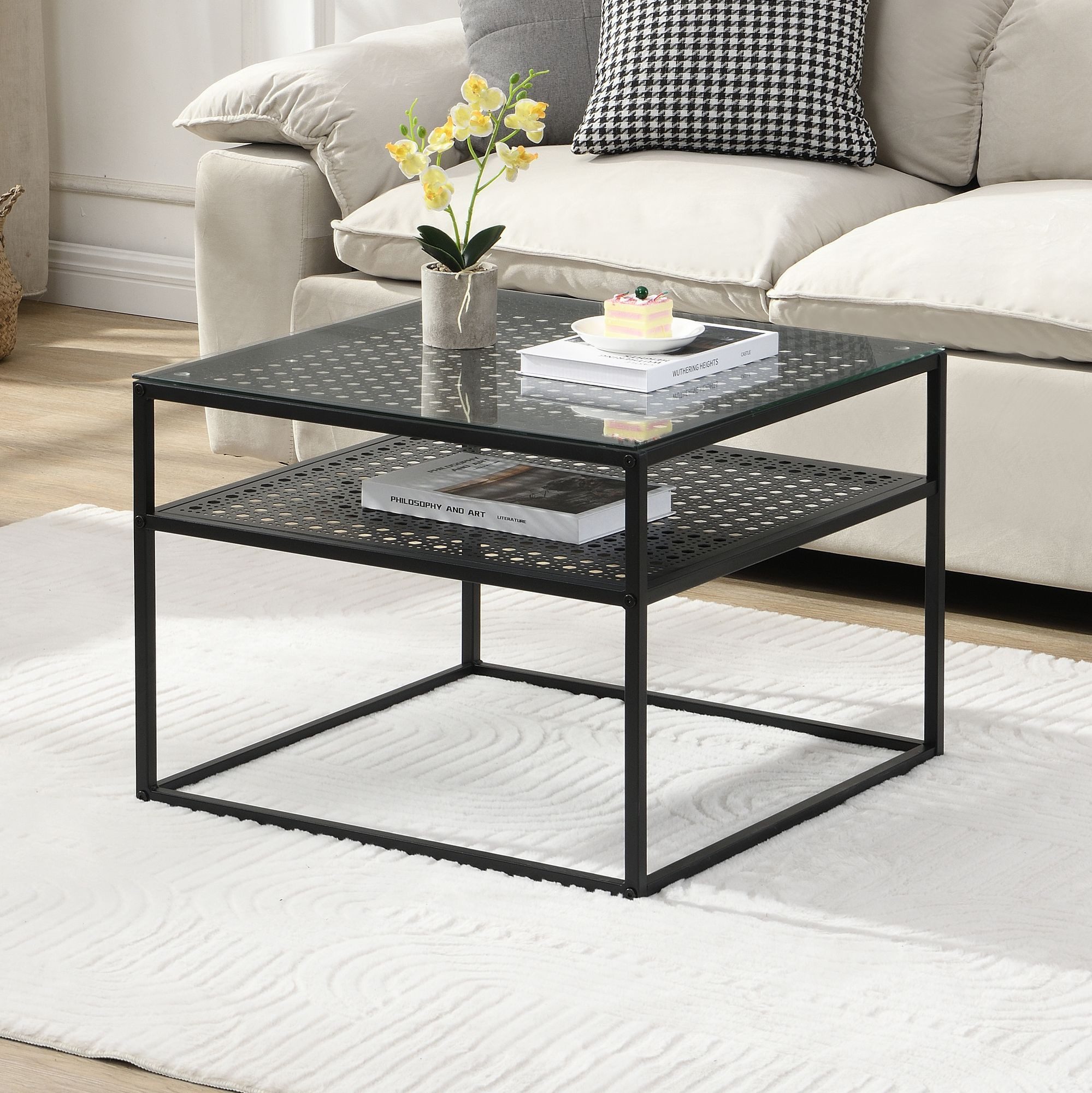 FINEBUY Couchtisch FB72738 Glas Metall 60 cm Quadratisch Wohnzimmertisch Ablage Modern (Sofatisch Glas Quadratisch 60 cm Schwarz Ablage), Wohnzimmertisch Industrial, Metallgestell Modern